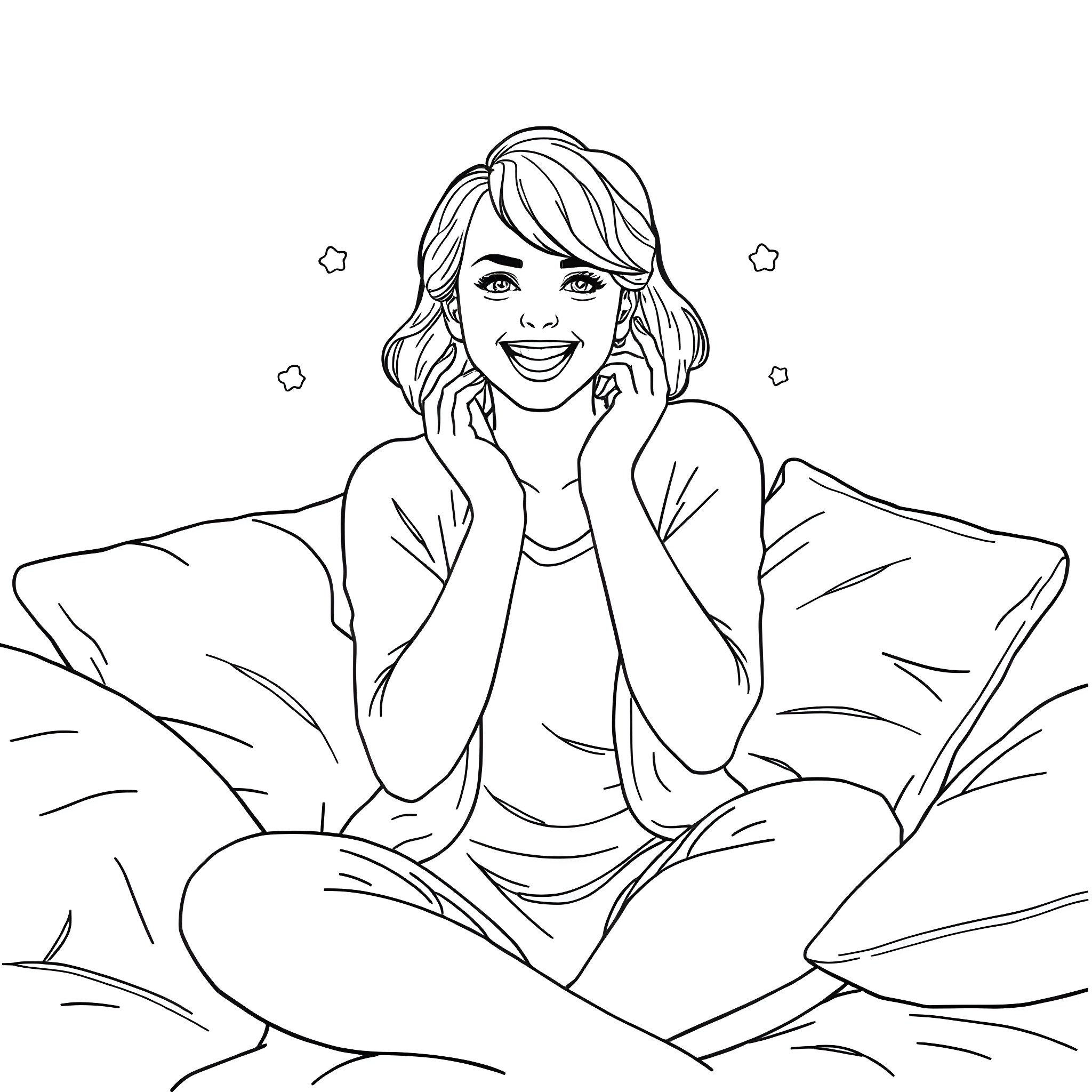 Emma Watson relaxing and smiling on the bed Coloring Page (free black-and-white line drawing printable PDF for all, from beginners to advanced learners, including children, teens, adults, and seniors)
