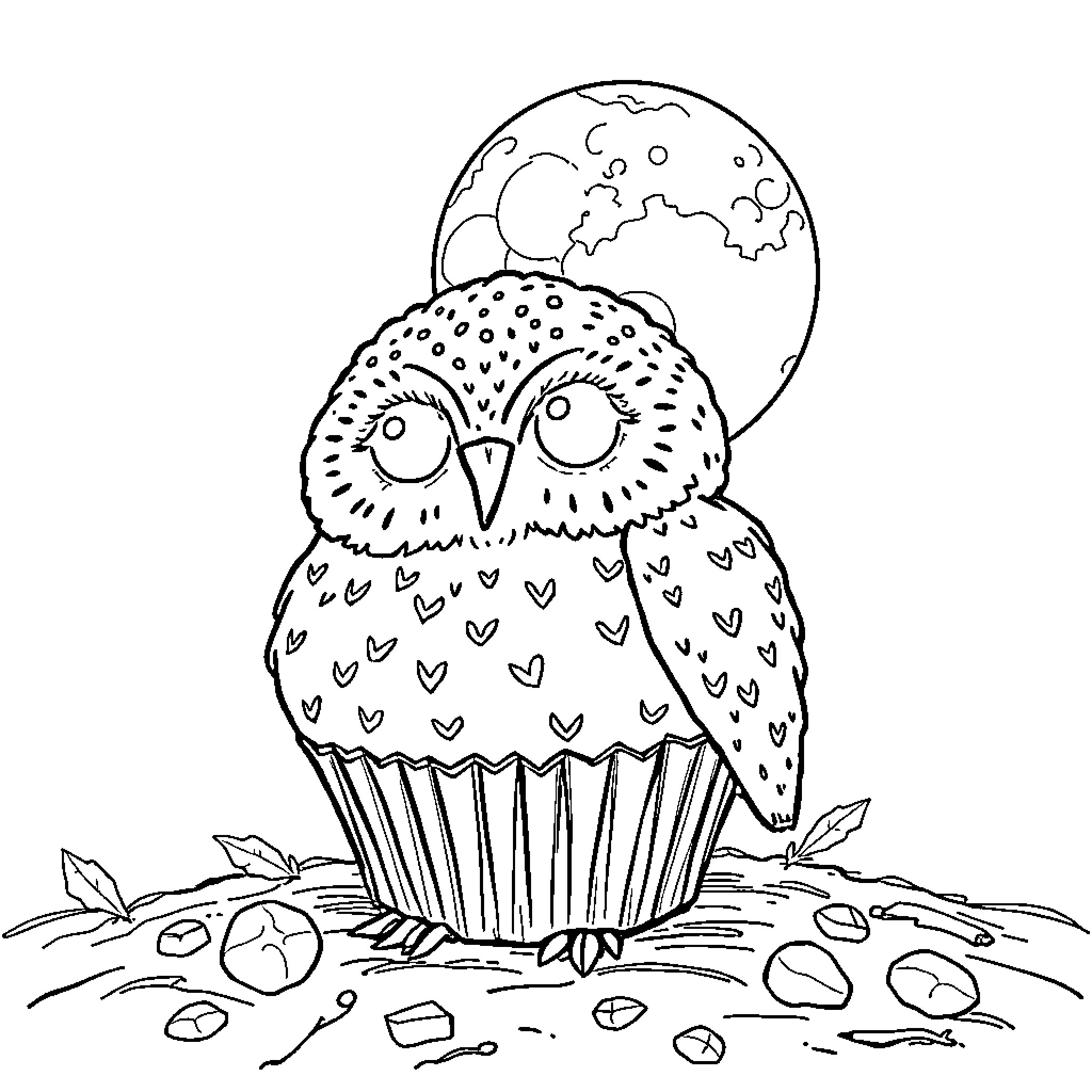 Owl perched on a cupcake under the moon Coloring Page (free black-and-white line drawing printable PDF for all, from beginners to advanced learners, including children, teens, adults, and seniors)