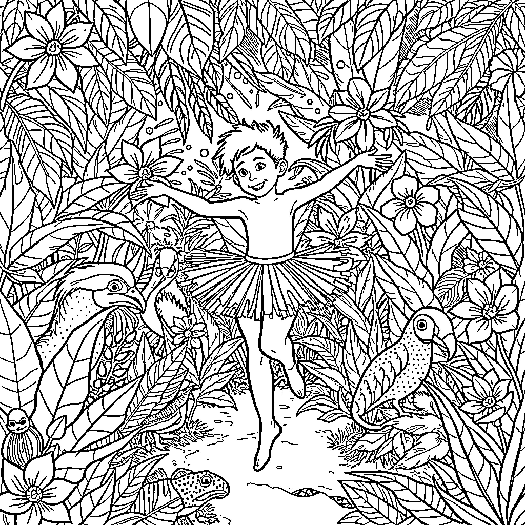 Antoine Dupont dancing gracefully in a lush jungle setting Coloring Page (free black-and-white line drawing printable PDF for all, from beginners to advanced learners, including children, teens, adults, and seniors)