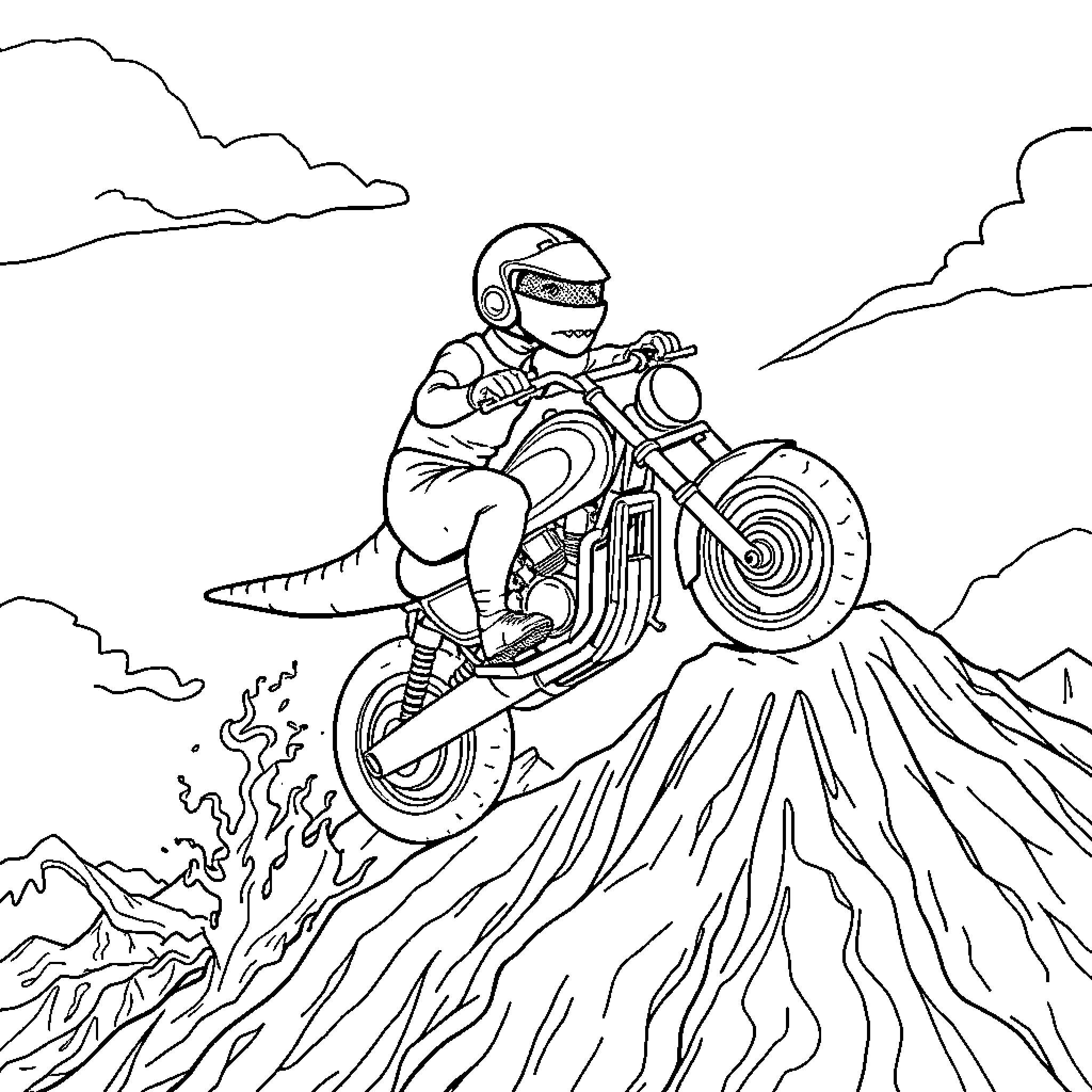 Dinosaur Riding Motorcycle on Volcanic Landscape Coloring Page (free black-and-white line drawing printable PDF for all, from beginners to advanced learners, including children, teens, adults, and seniors)