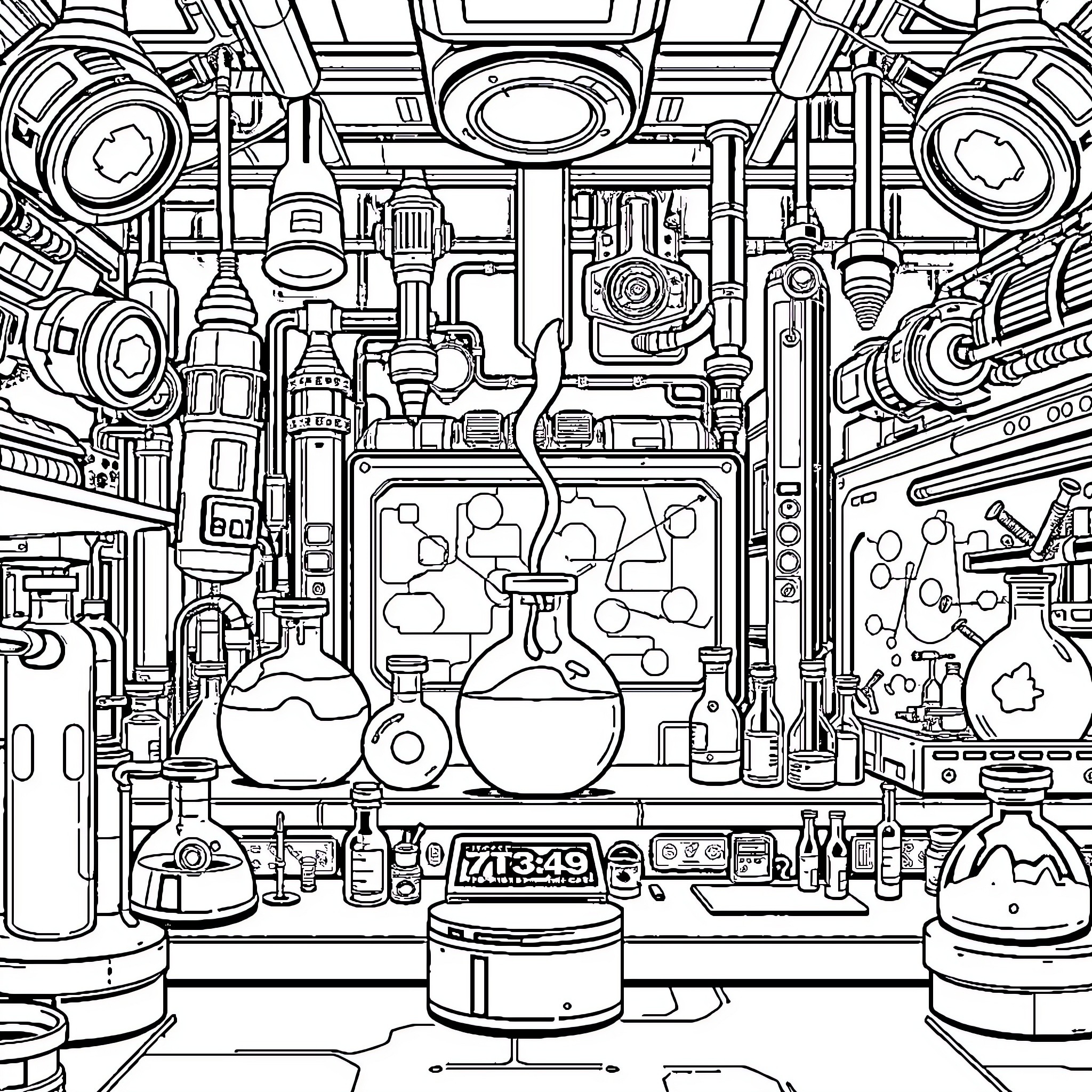 Chemistry Lab Equipment and Apparatus Coloring Page (free black-and-white line drawing printable PDF for all, from beginners to advanced learners, including children, teens, adults, and seniors)