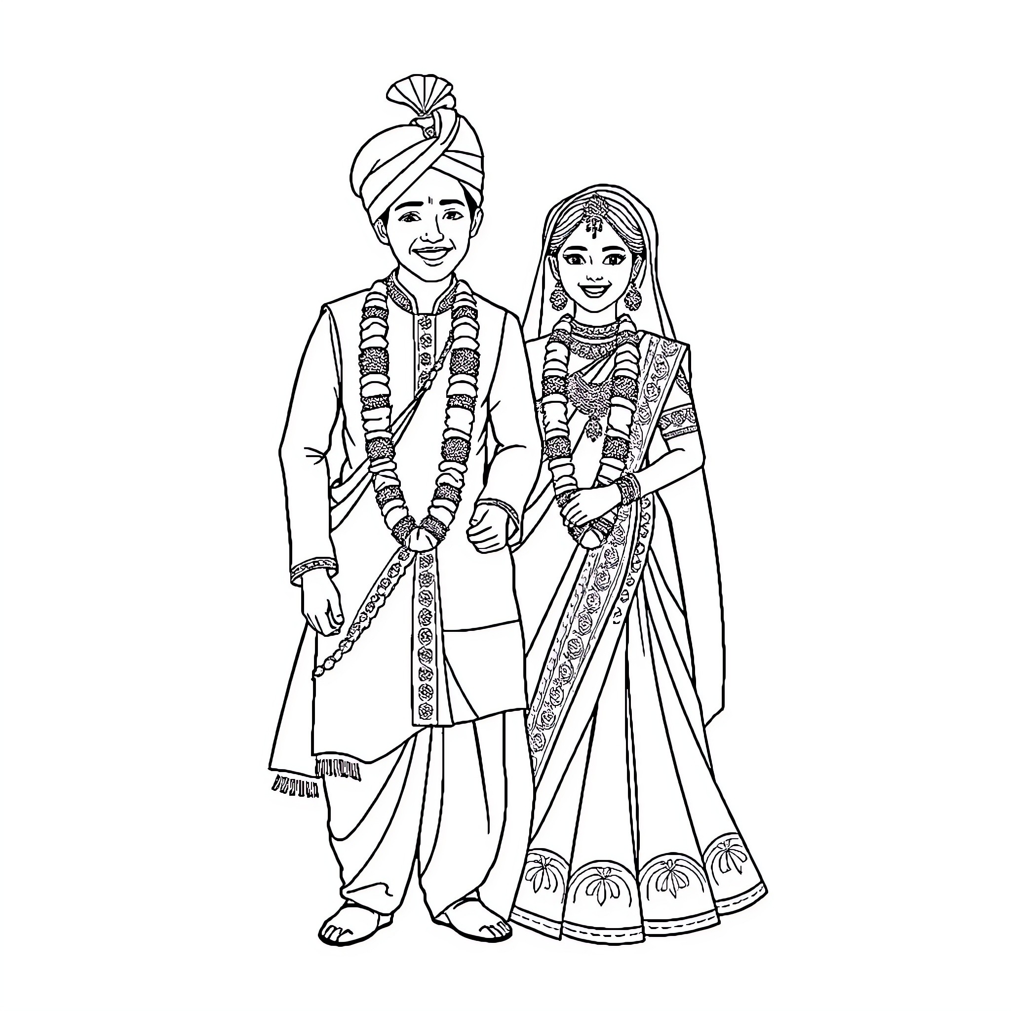 Couple dressed in traditional Indian attire Coloring Page (free black-and-white line drawing printable PDF for all, from beginners to advanced learners, including children, teens, adults, and seniors)