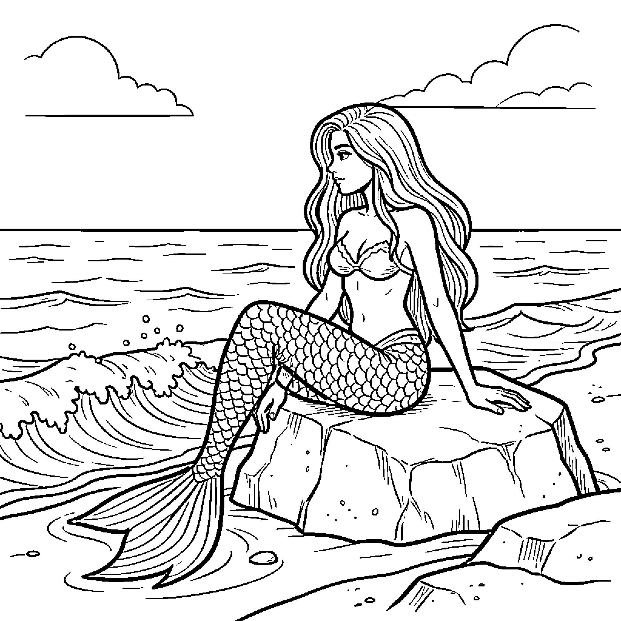 Mermaid sitting gracefully on a rock by the ocean Coloring Page (free black-and-white line drawing printable PDF for all, from beginners to advanced learners, including children, teens, adults, and seniors)