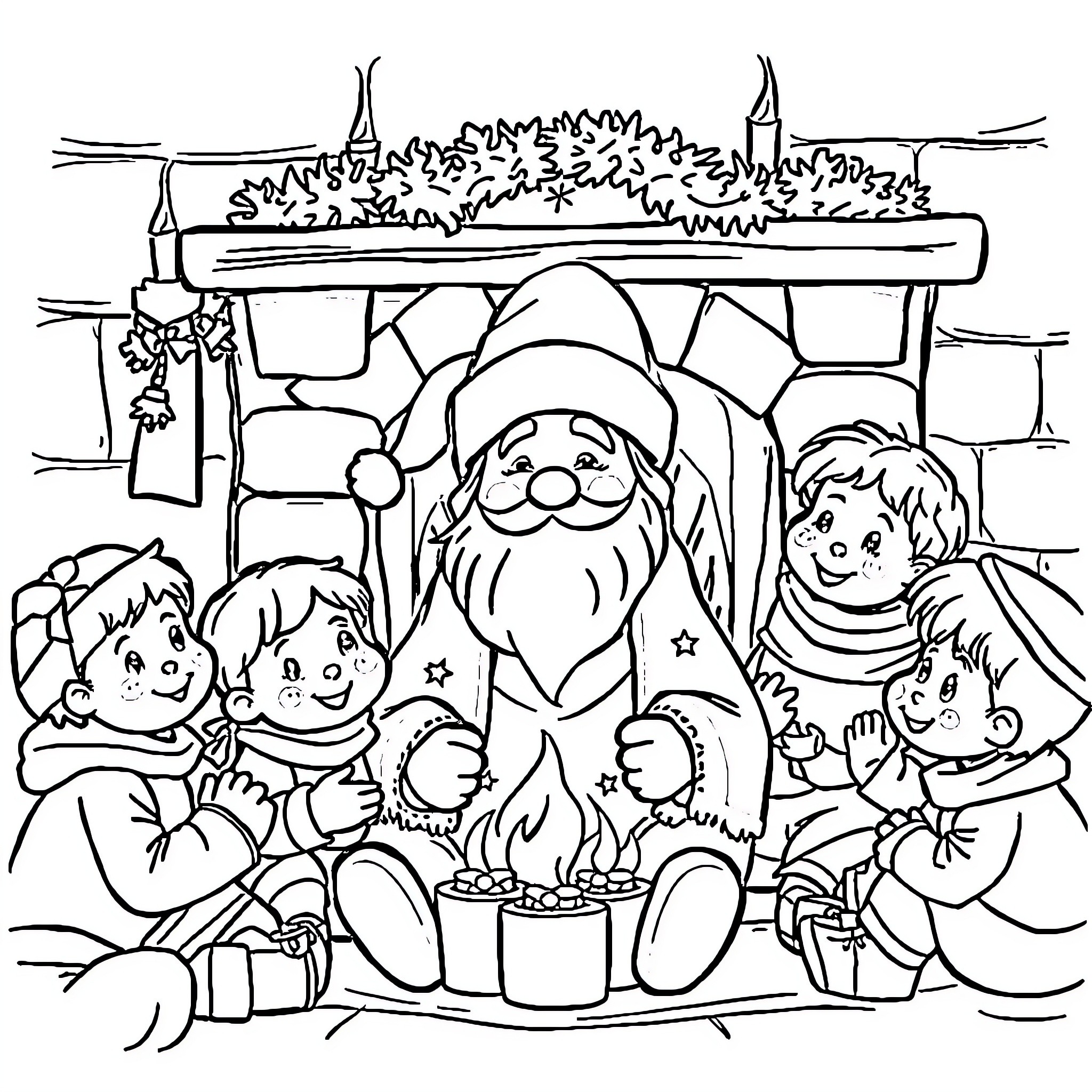 Tio de Nadal gathering with children in festive attire Coloring Page (free black-and-white line drawing printable PDF for all, from beginners to advanced learners, including children, teens, adults, and seniors)