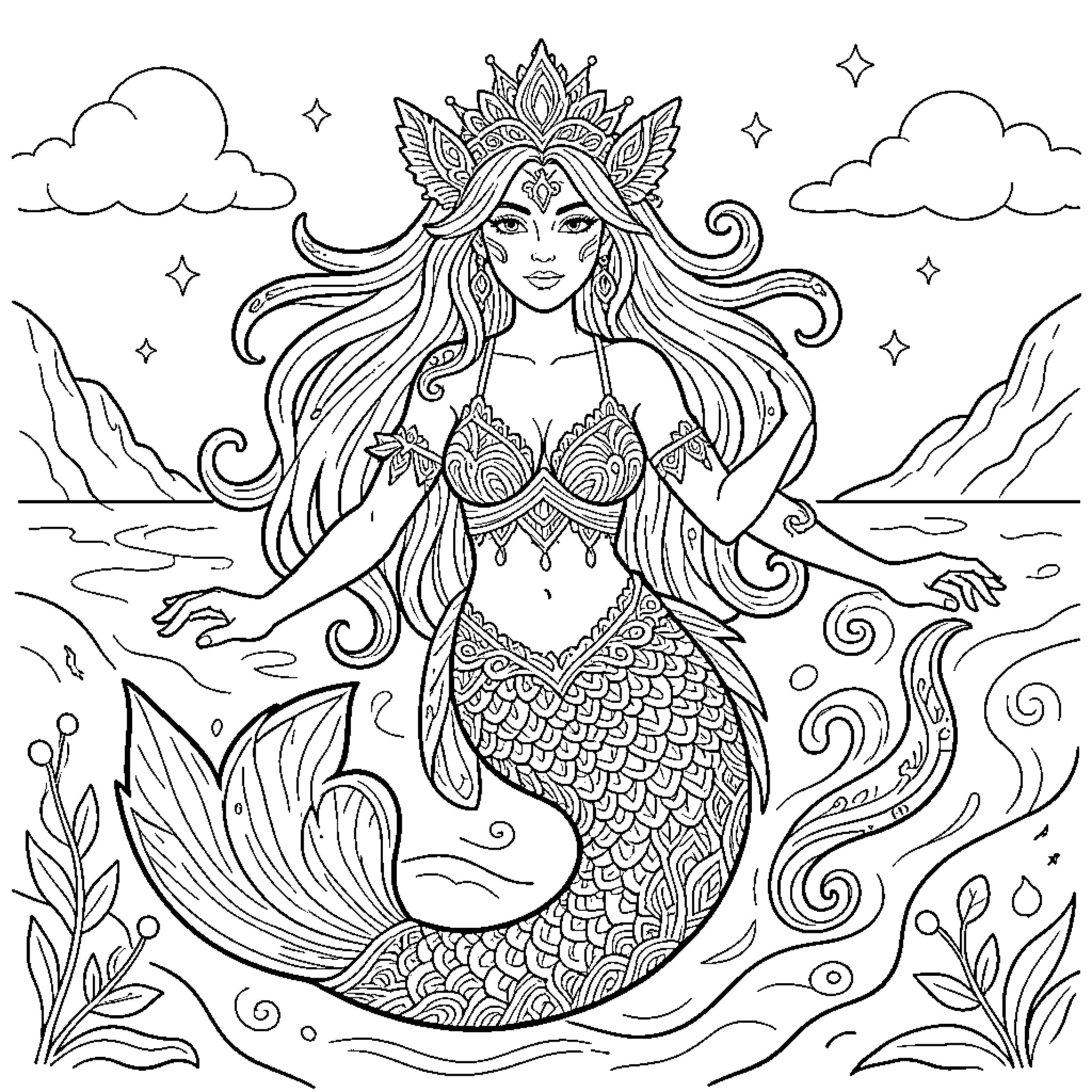 Siren with long flowing hair and ornate crown Coloring Page (free black-and-white line drawing printable PDF for all, from beginners to advanced learners, including children, teens, adults, and seniors)
