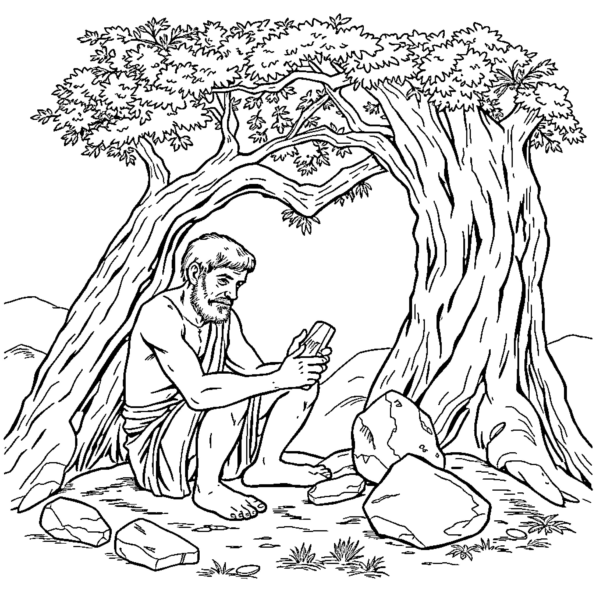 Man contemplating nature in peaceful forest setting Coloring Page (free black-and-white line drawing printable PDF for all, from beginners to advanced learners, including children, teens, adults, and seniors)