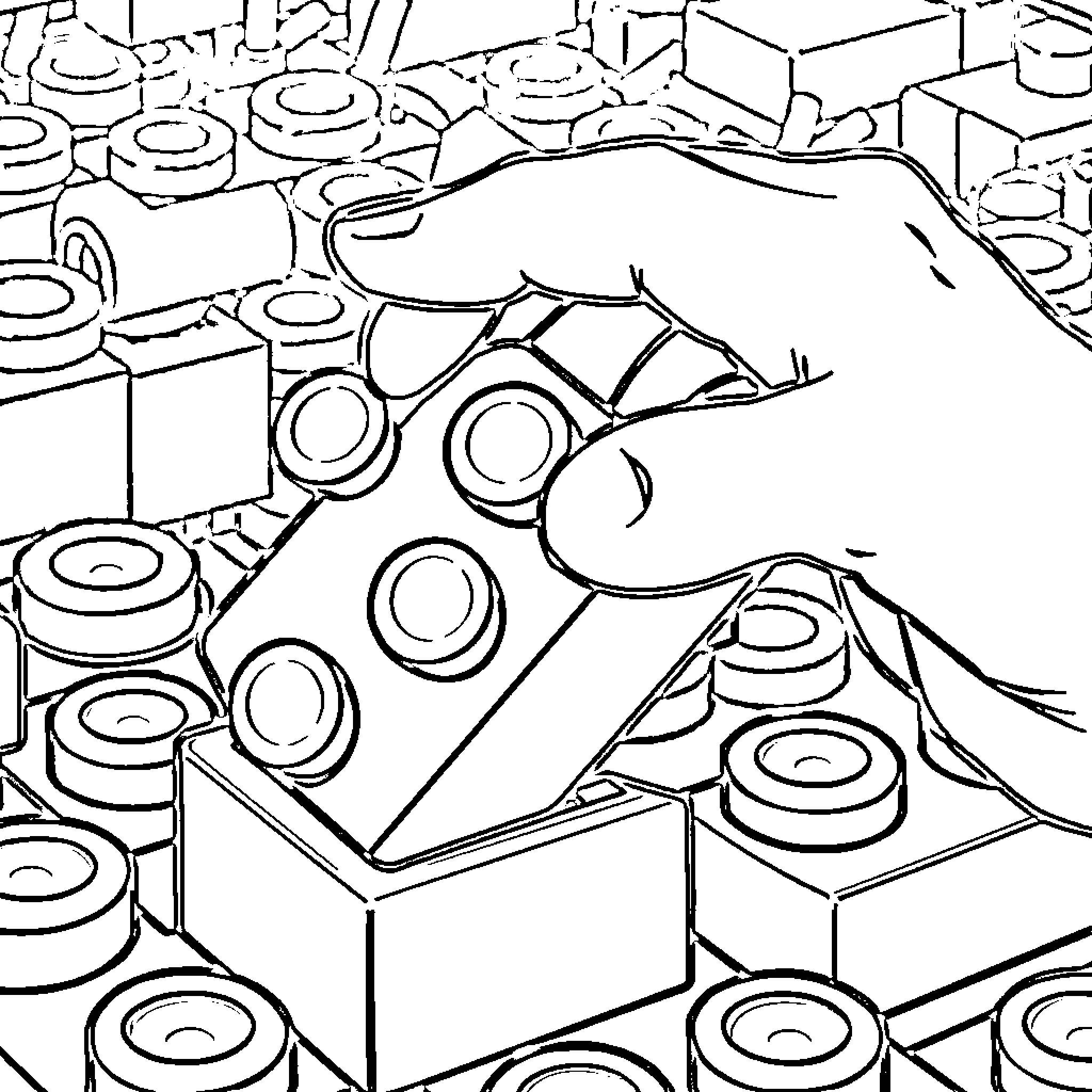 Lego blocks in a chaotic arrangement Coloring Page (free black-and-white line drawing printable PDF for all, from beginners to advanced learners, including children, teens, adults, and seniors)