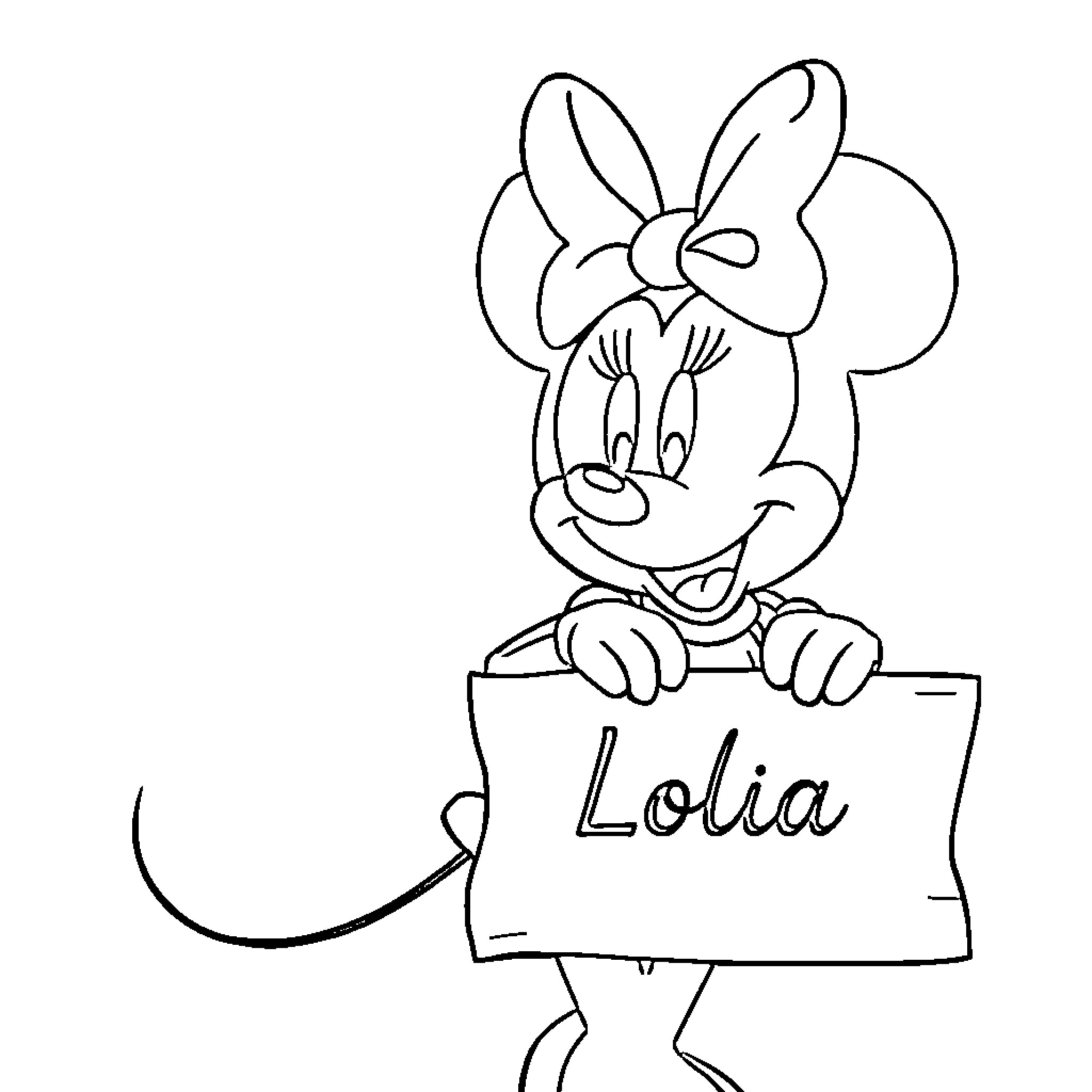 Minnie holding a sign with her name Coloring Page (free black-and-white line drawing printable PDF for all, from beginners to advanced learners, including children, teens, adults, and seniors)