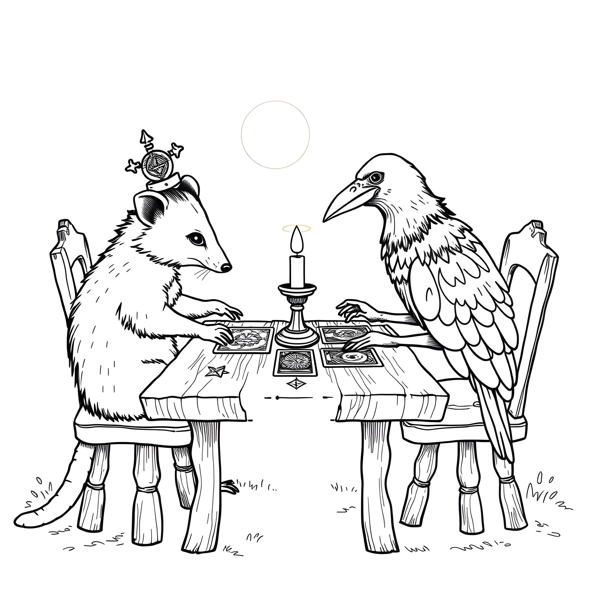 Opossum and Raven sharing a meal by candlelight Coloring Page (free black-and-white line drawing printable PDF for all, from beginners to advanced learners, including children, teens, adults, and seniors)