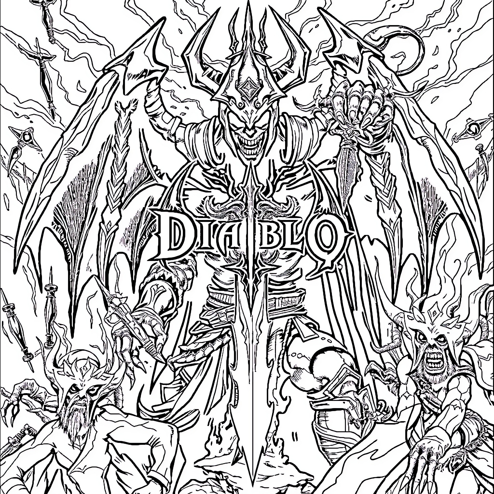 Diablo 2: Epic Fantasy Warrior and Demonic Creatures Coloring Page (free black-and-white line drawing printable PDF for all, from beginners to advanced learners, including children, teens, adults, and seniors)
