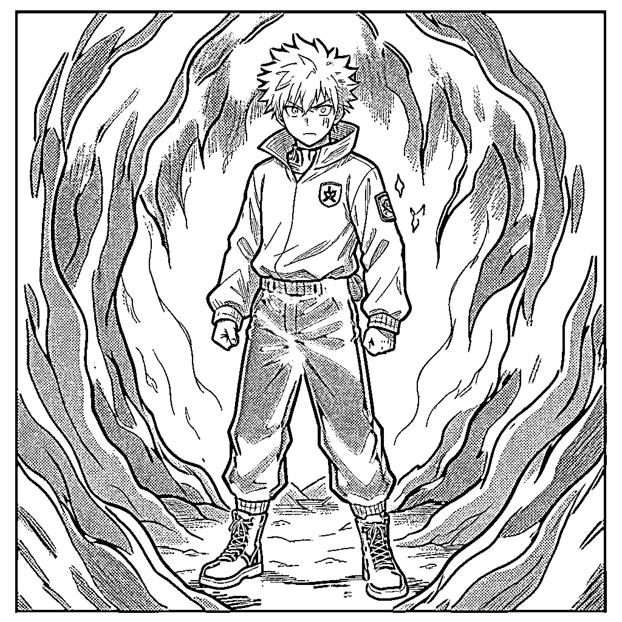 Choso's Fiery Determination Coloring Page (free black-and-white line drawing printable PDF for all, from beginners to advanced learners, including children, teens, adults, and seniors)