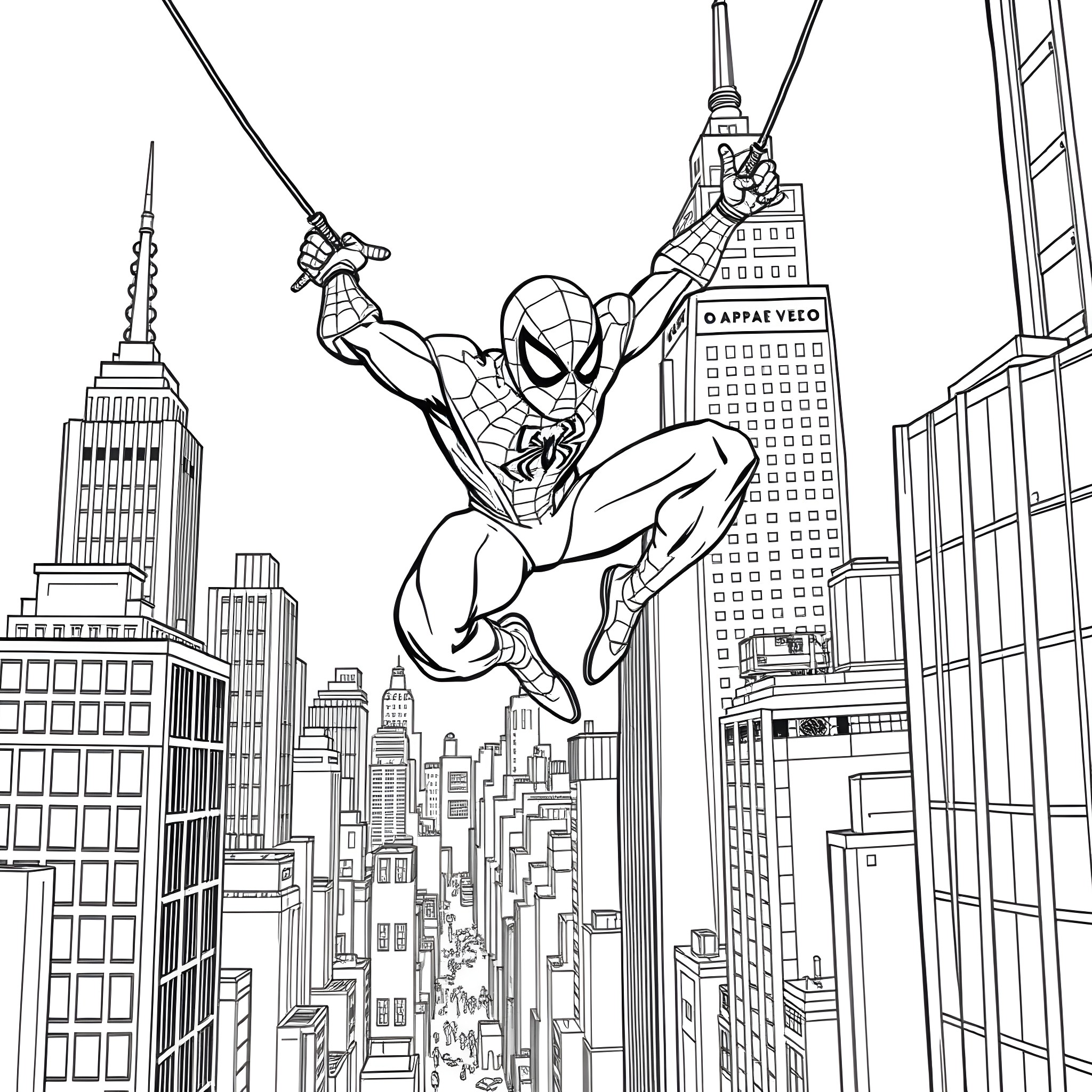 Spider-Man Swinging Through Skyscrapers of the City Coloring Page (free black-and-white line drawing printable PDF for all, from beginners to advanced learners, including children, teens, adults, and seniors)