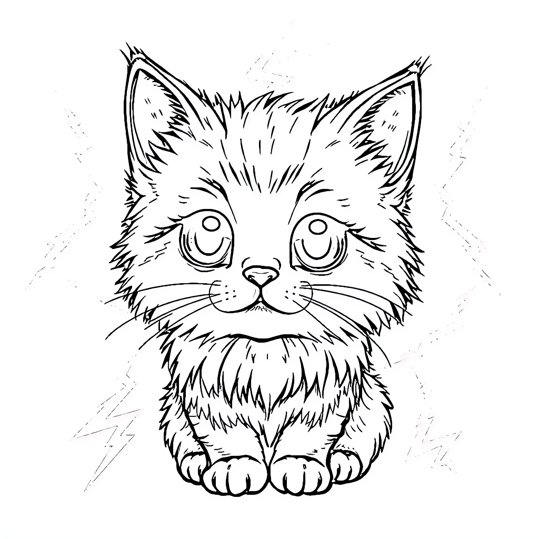 Cat with big eyes and fluffy fur Coloring Page (free black-and-white line drawing printable PDF for all, from beginners to advanced learners, including children, teens, adults, and seniors)