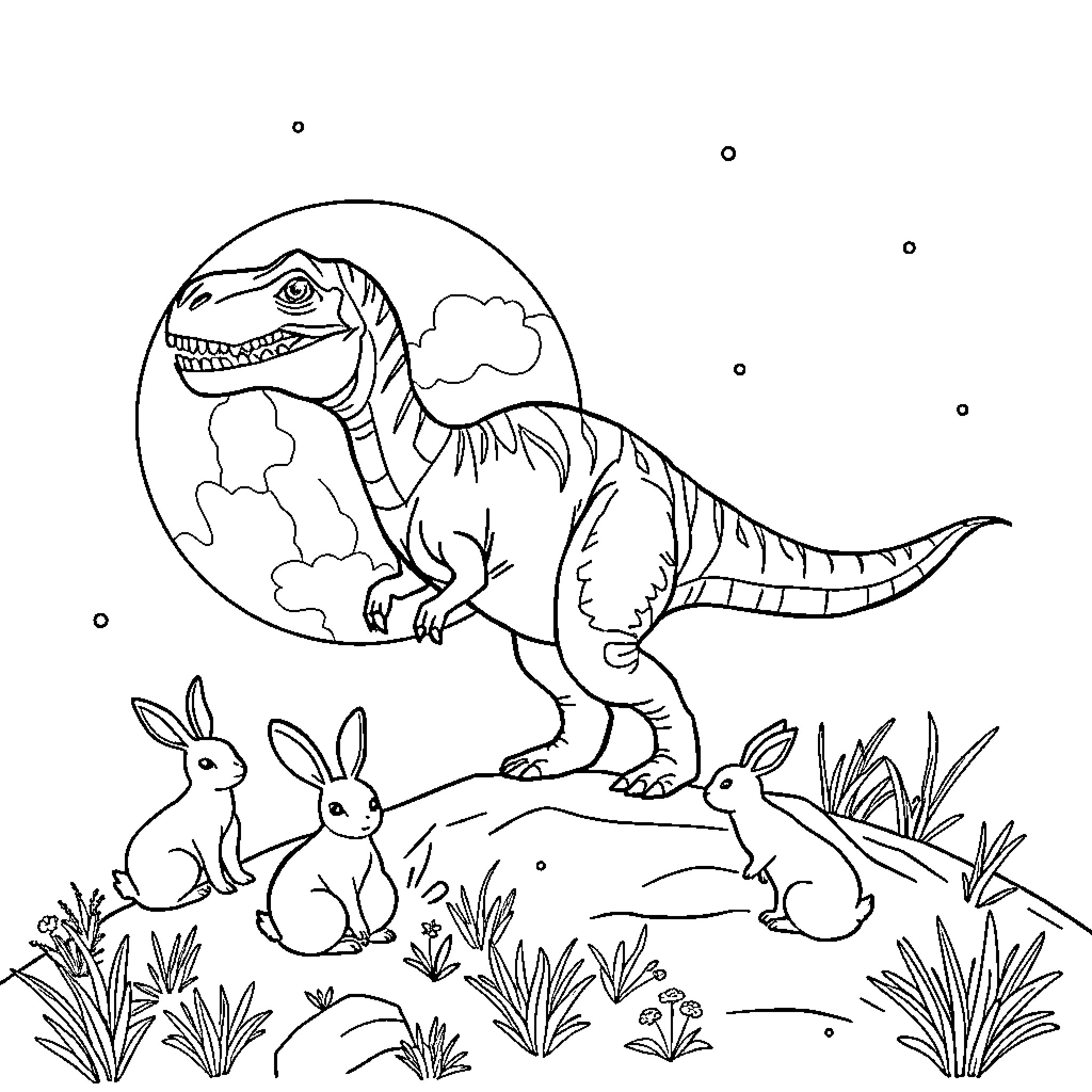 Dinosaur roaming among rabbits in the wild Coloring Page (free black-and-white line drawing printable PDF for all, from beginners to advanced learners, including children, teens, adults, and seniors)