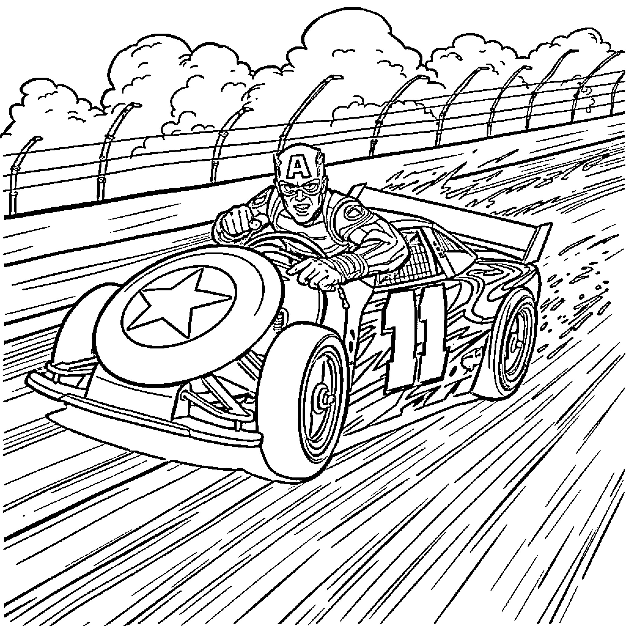Captain America Races His Heroic Vintage Car Coloring Page (free black-and-white line drawing printable PDF for all, from beginners to advanced learners, including children, teens, adults, and seniors)