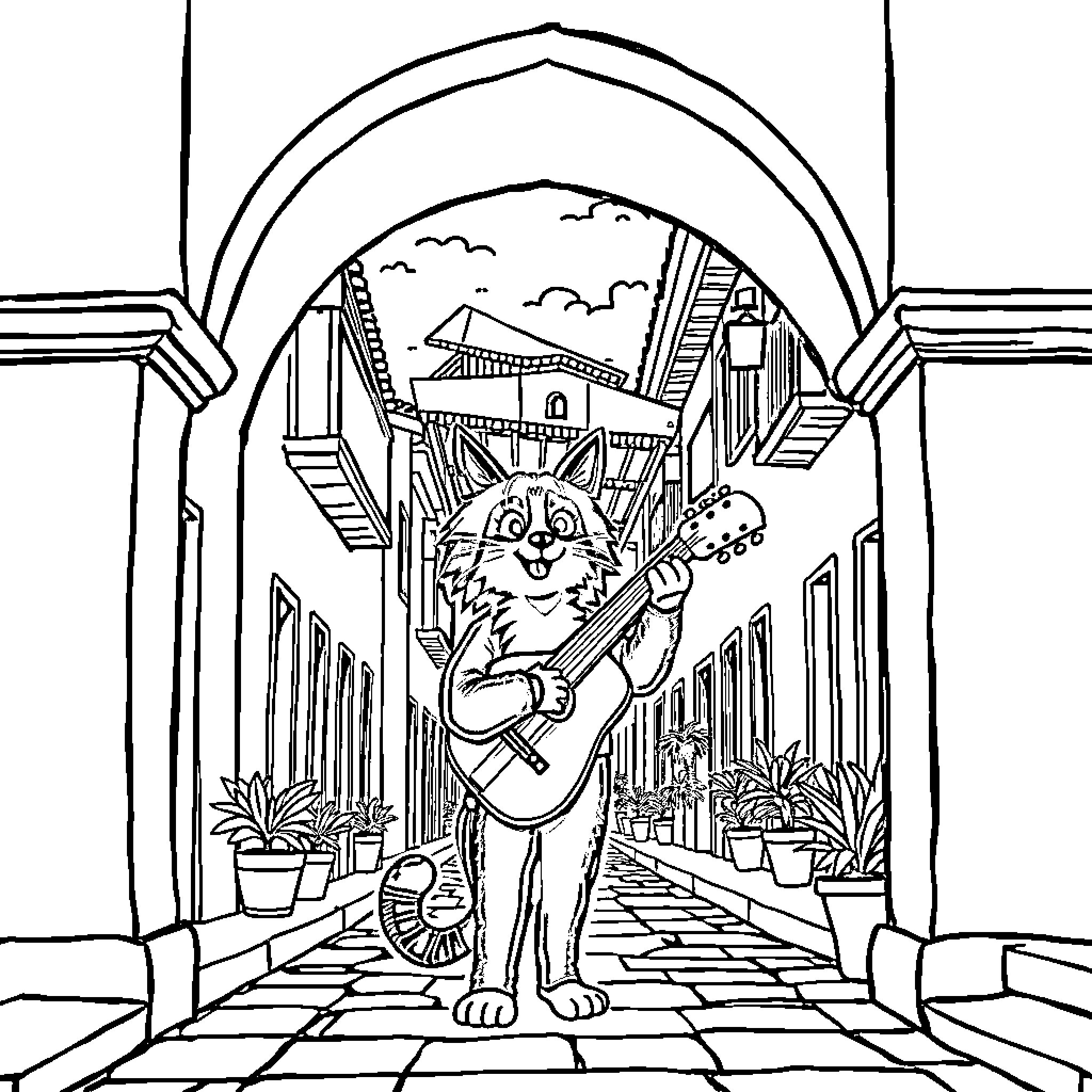 Kuromi performing in a magical city Coloring Page (free black-and-white line drawing printable PDF for all, from beginners to advanced learners, including children, teens, adults, and seniors)