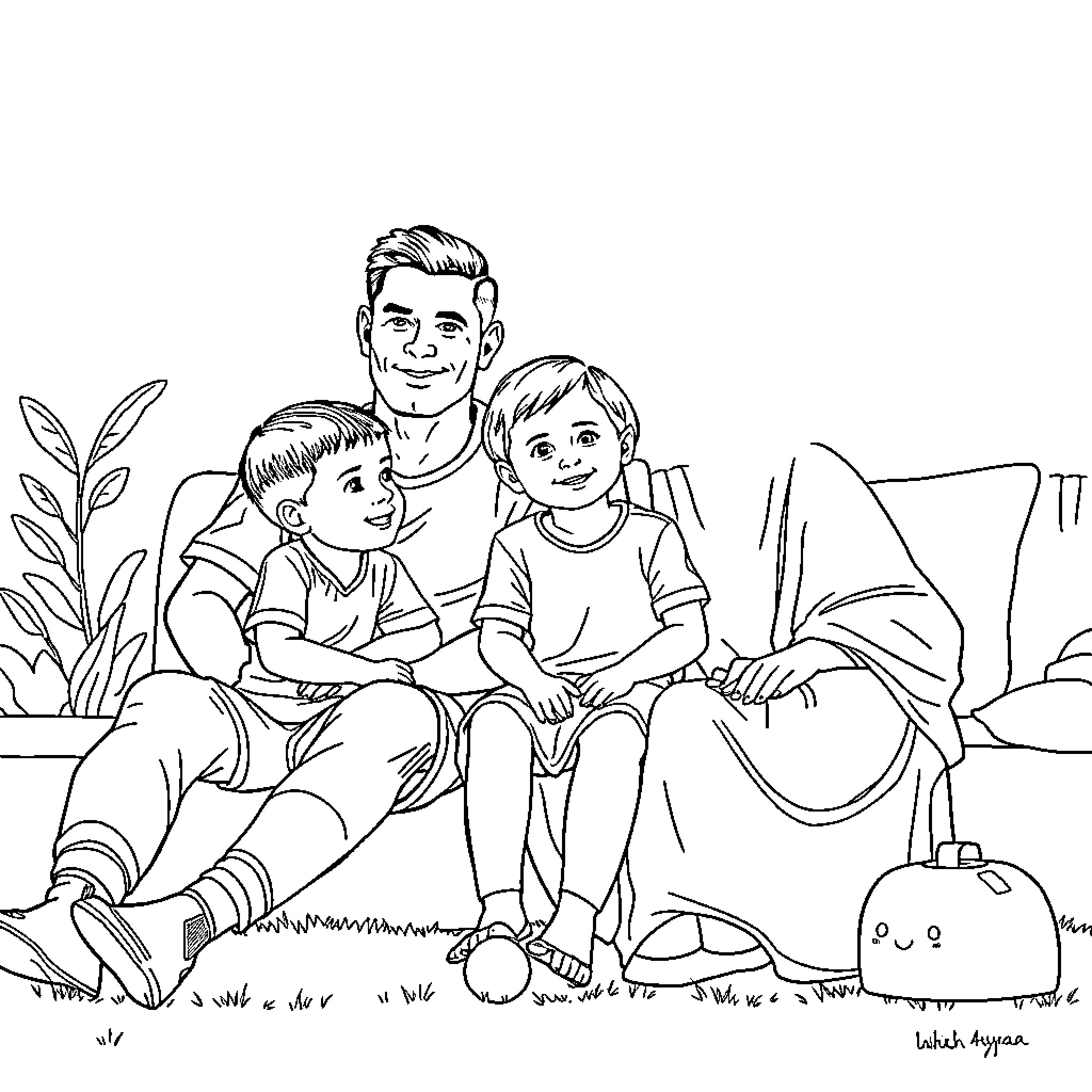 Family enjoying a peaceful afternoon together Coloring Page (free black-and-white line drawing printable PDF for all, from beginners to advanced learners, including children, teens, adults, and seniors)
