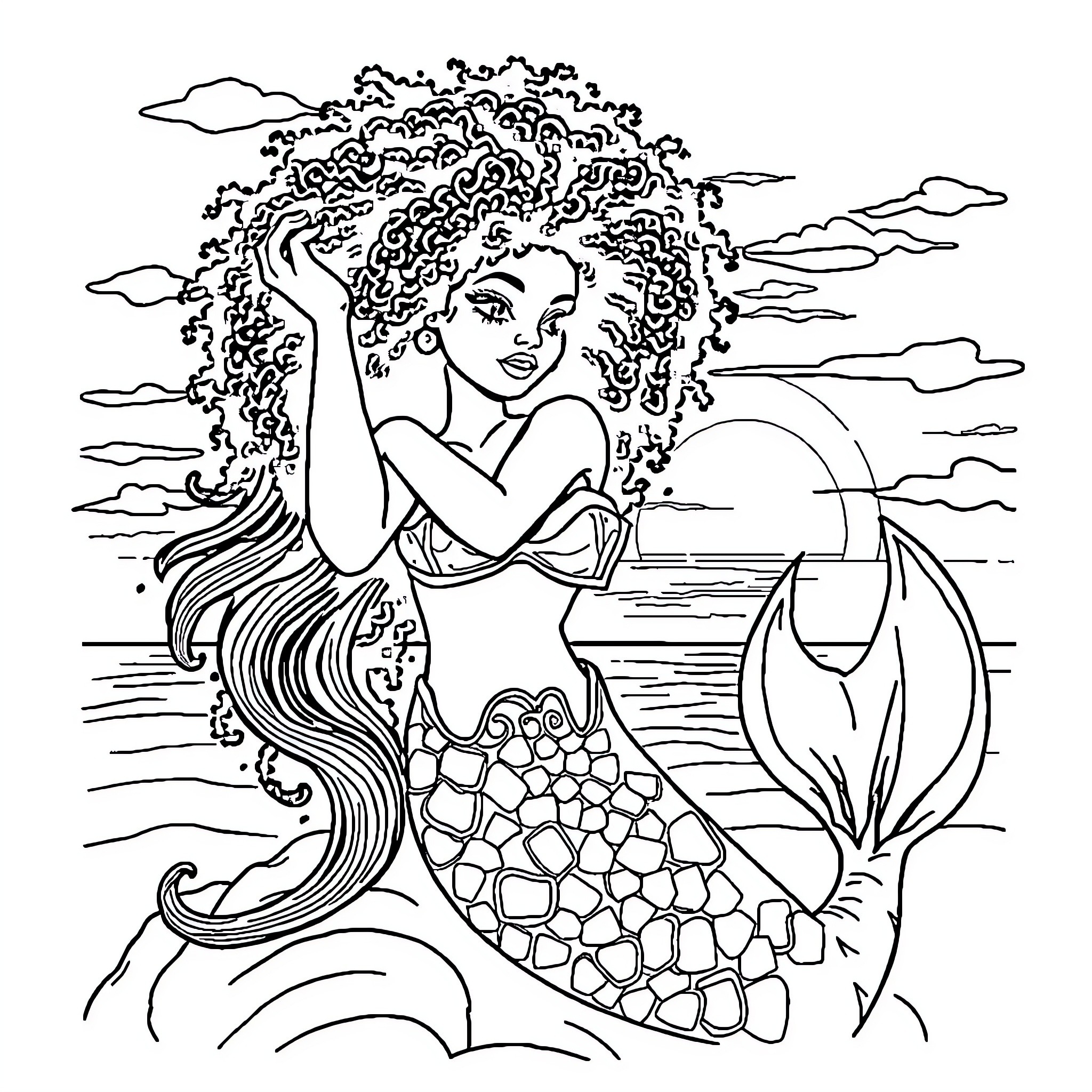 Mermaid admiring the sunset by the sea Coloring Page (free black-and-white line drawing printable PDF for all, from beginners to advanced learners, including children, teens, adults, and seniors)