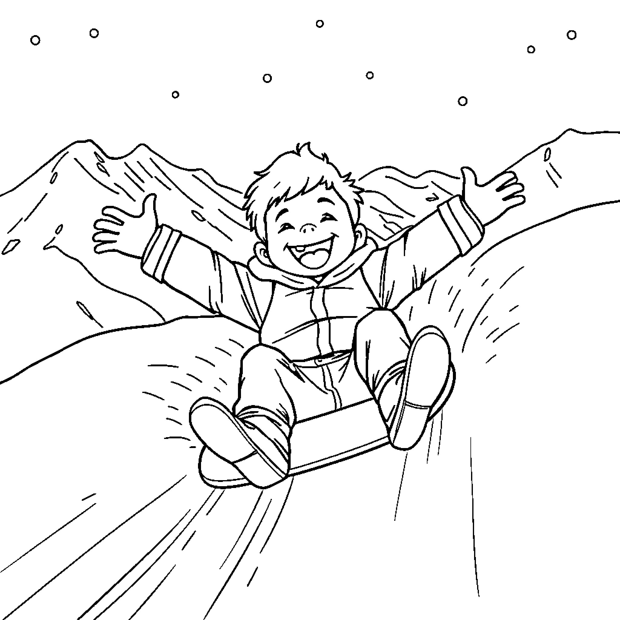 Boy enjoying a thrilling sled ride down the snowy slopes Coloring Page (free black-and-white line drawing printable PDF for all, from beginners to advanced learners, including children, teens, adults, and seniors)