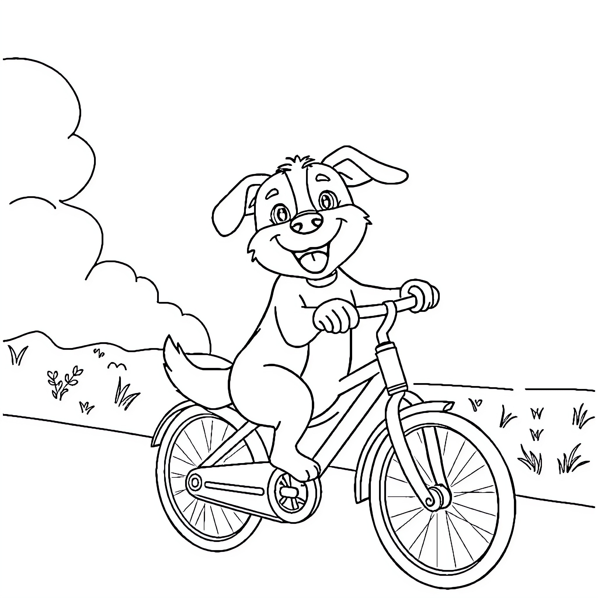 Dog riding a bicycle happily in the park Coloring Page (free black-and-white line drawing printable PDF for all, from beginners to advanced learners, including children, teens, adults, and seniors)