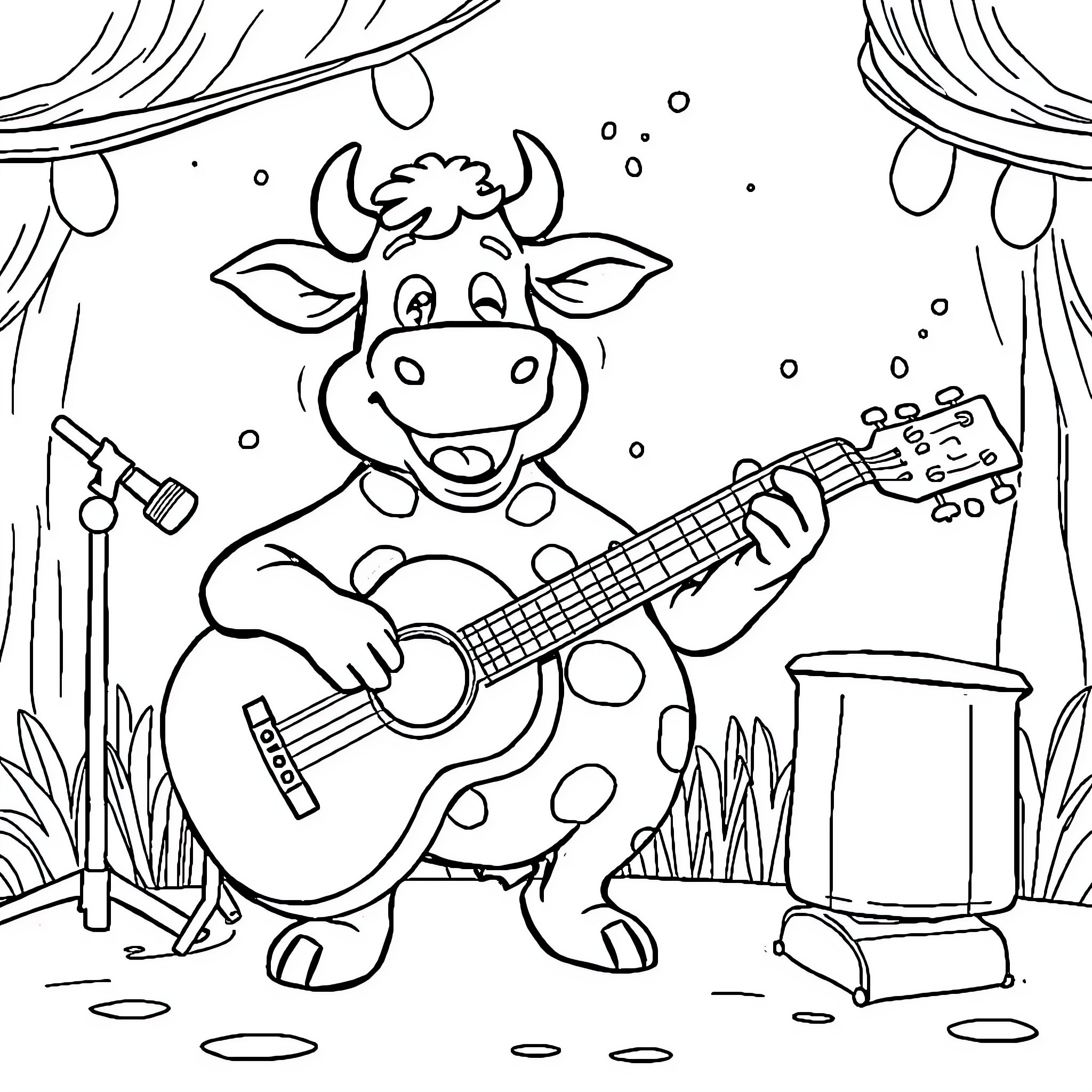 Jukebox Cow Jamming on Guitar Coloring Page (free black-and-white line drawing printable PDF for all, from beginners to advanced learners, including children, teens, adults, and seniors)