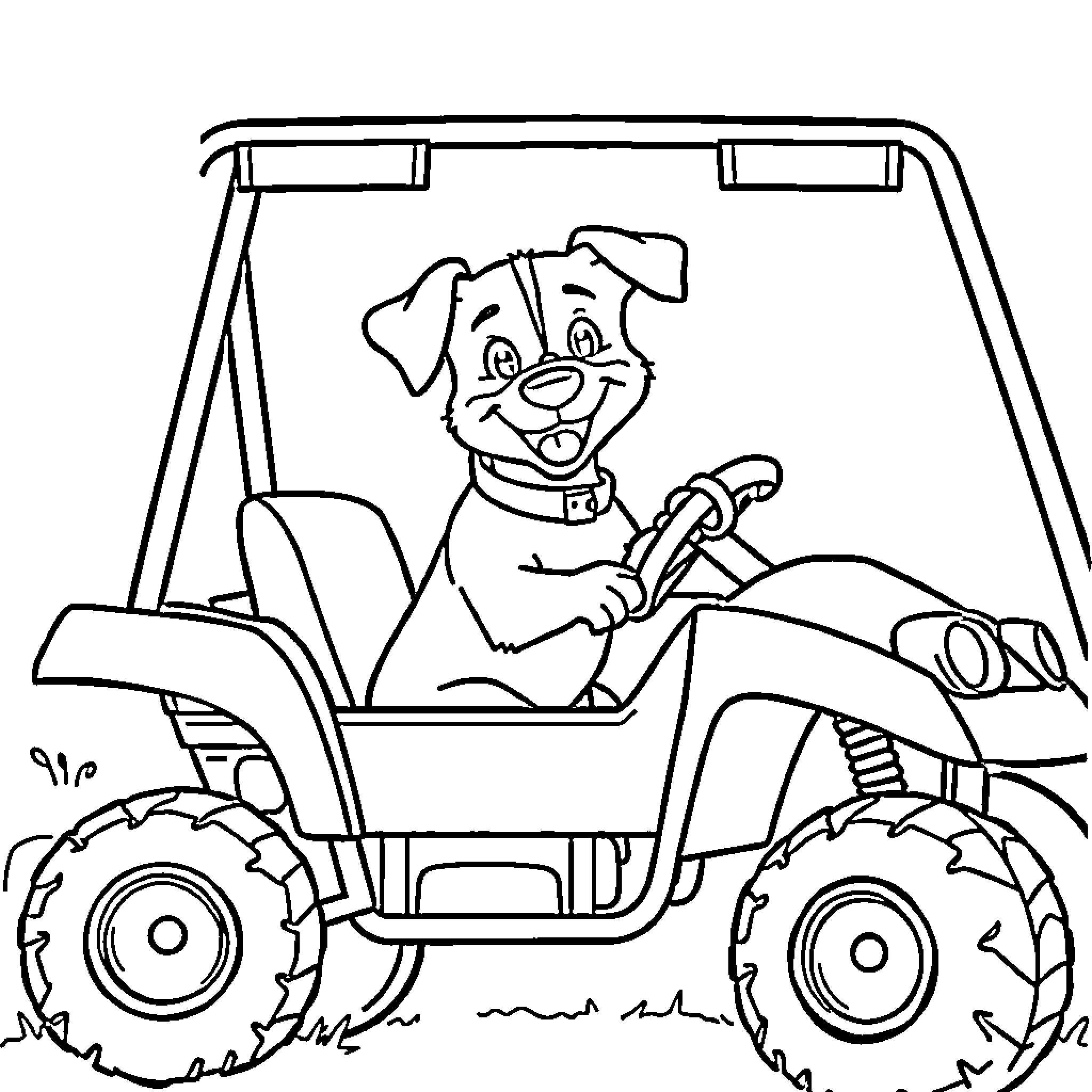 Dog driving a tractor happily Coloring Page (free black-and-white line drawing printable PDF for all, from beginners to advanced learners, including children, teens, adults, and seniors)