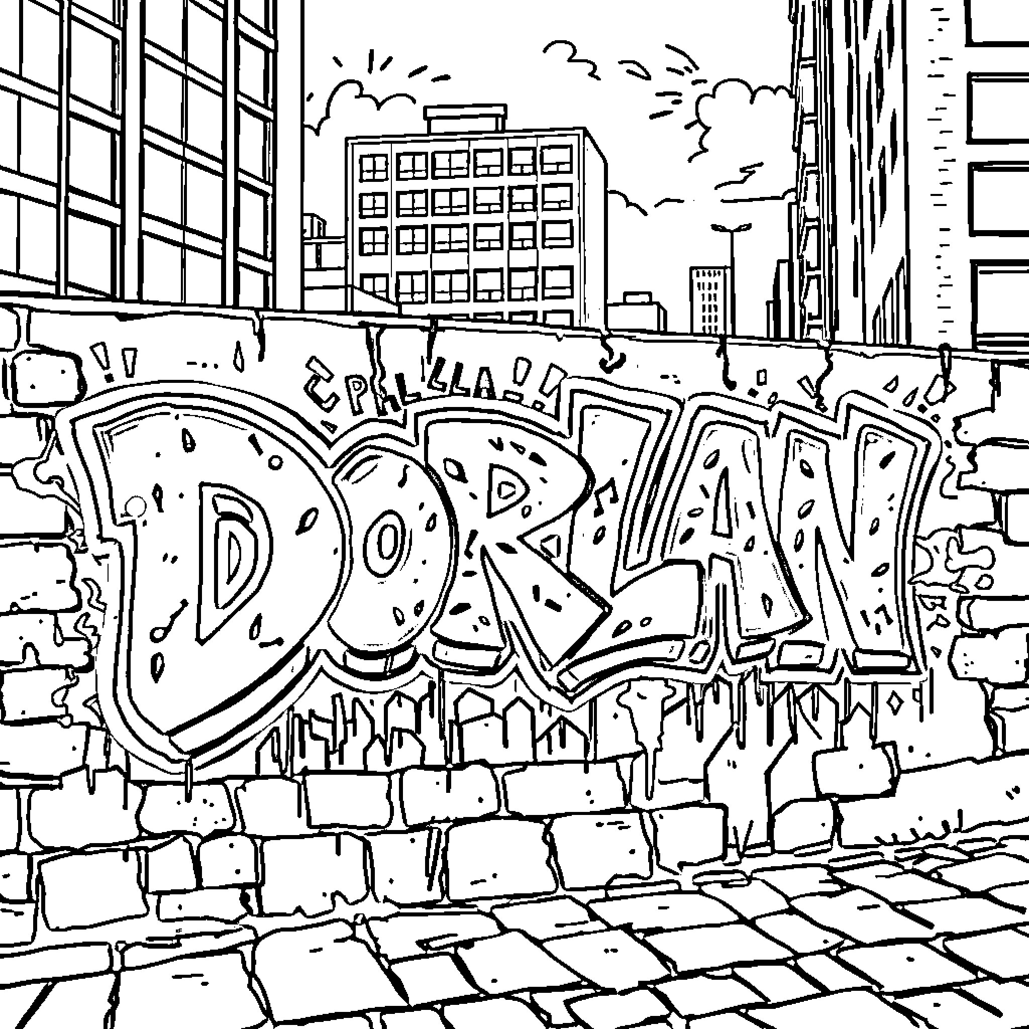 Graffiti-covered urban scene with buildings and street Coloring Page (free black-and-white line drawing printable PDF for all, from beginners to advanced learners, including children, teens, adults, and seniors)
