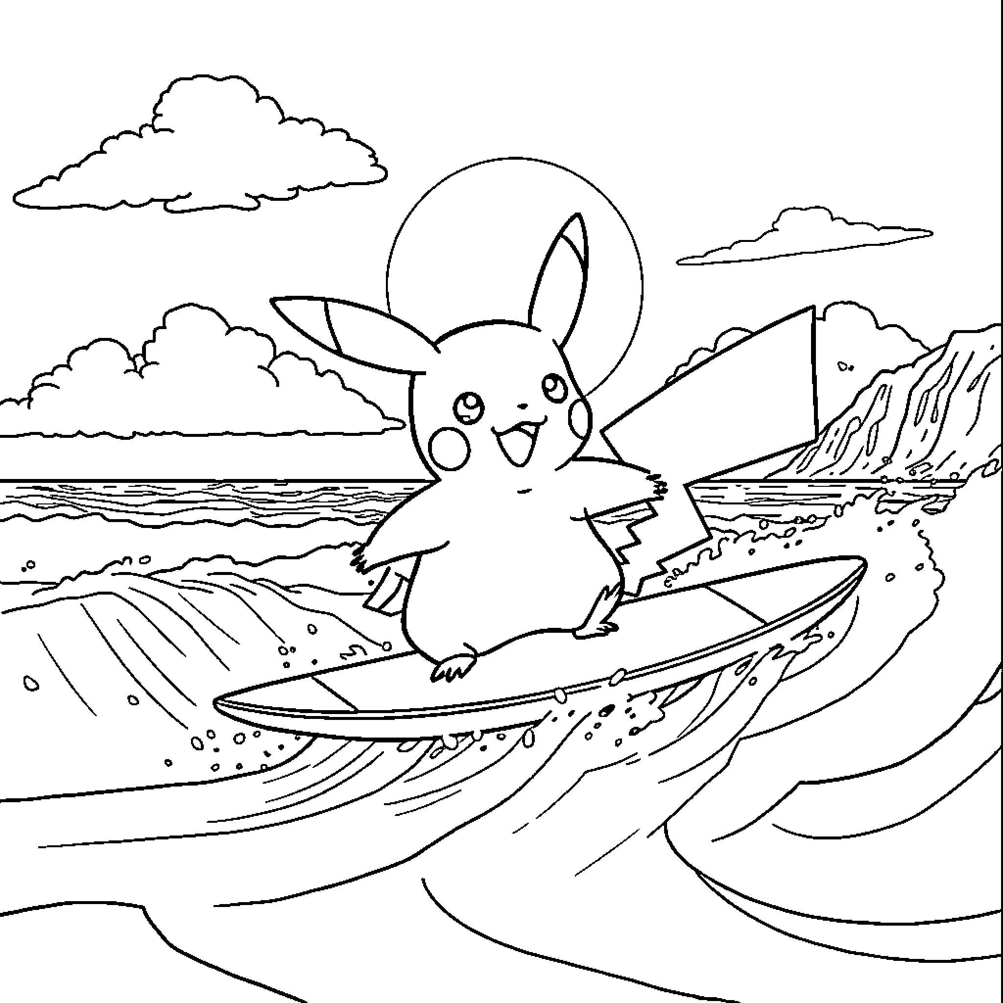 Pikachu surfing on the ocean waves Coloring Page (free black-and-white line drawing printable PDF for all, from beginners to advanced learners, including children, teens, adults, and seniors)