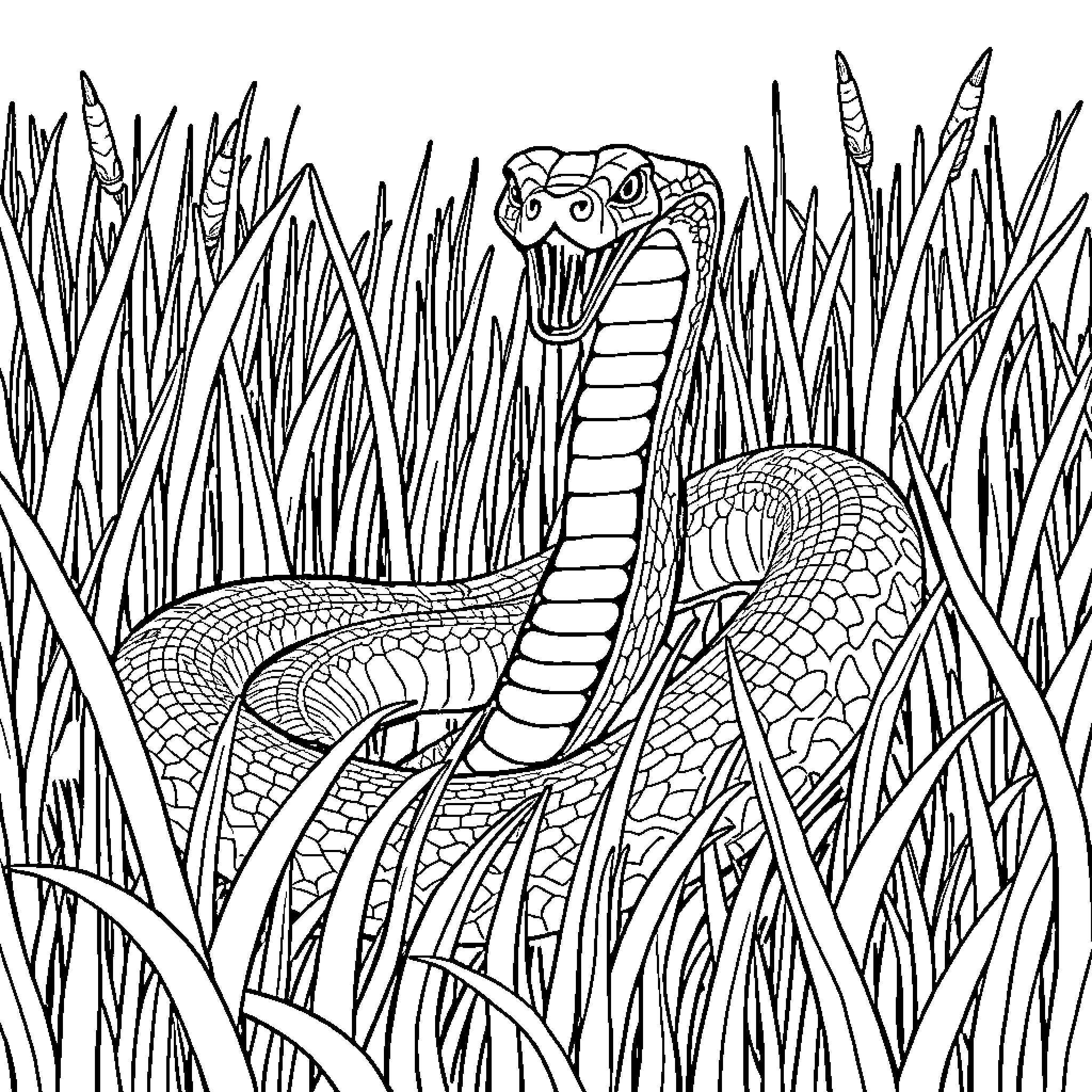 King Cobra slithering through tall grass Coloring Page (free black-and-white line drawing printable PDF for all, from beginners to advanced learners, including children, teens, adults, and seniors)
