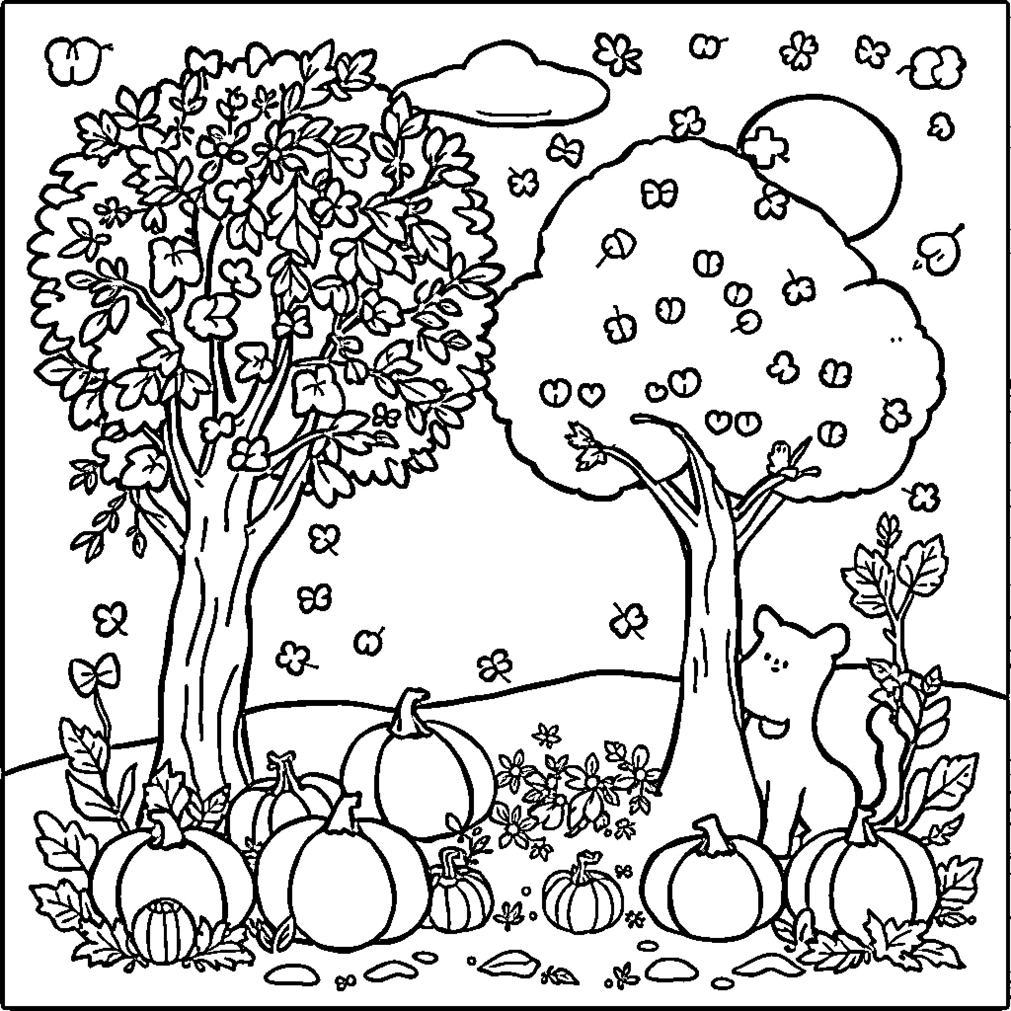 Fall Foliage and Pumpkin Patch Scene Coloring Page (free black-and-white line drawing printable PDF for all, from beginners to advanced learners, including children, teens, adults, and seniors)