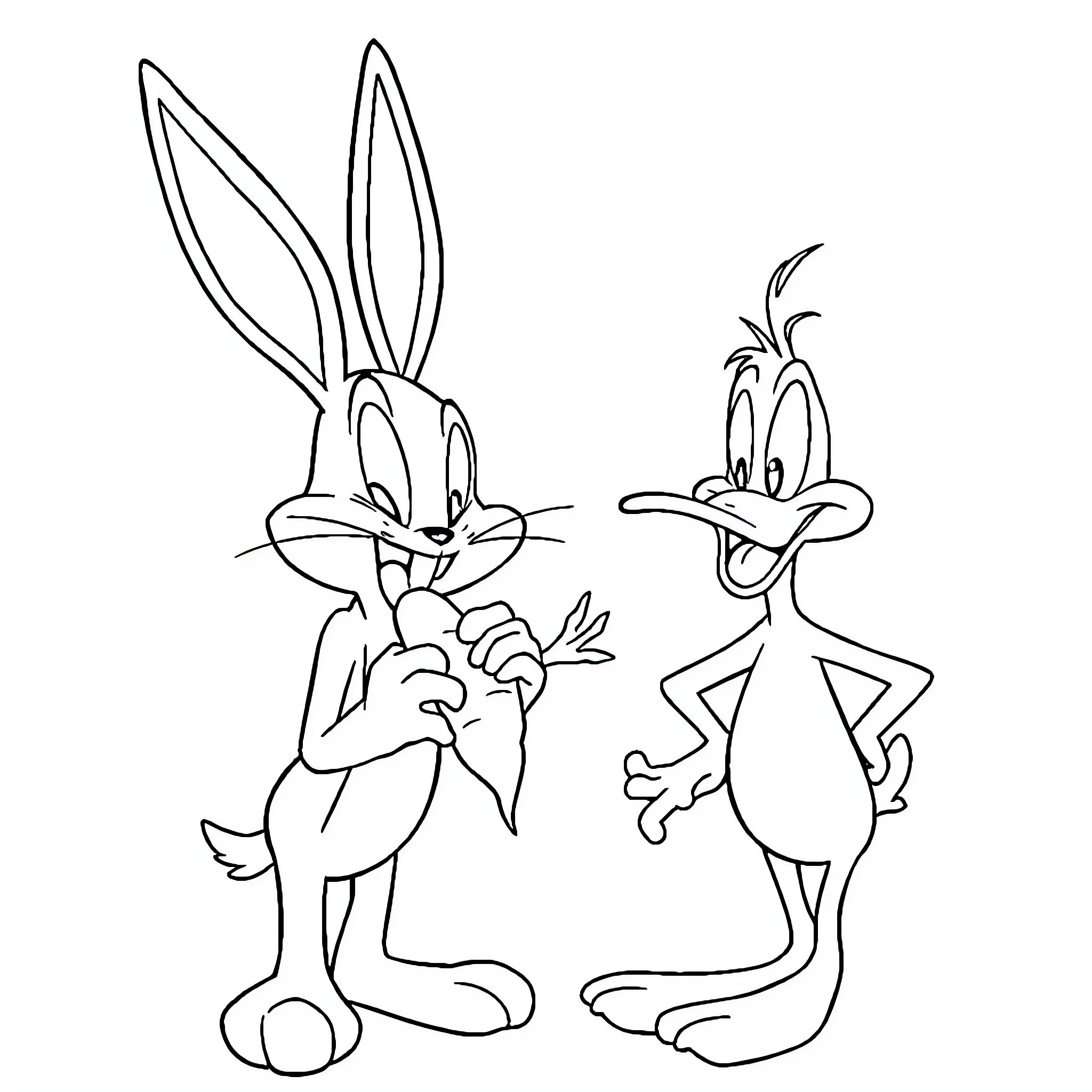 Bugs Bunny and Daffy Duck in playful exchange Coloring Page (free black-and-white line drawing printable PDF for all, from beginners to advanced learners, including children, teens, adults, and seniors)