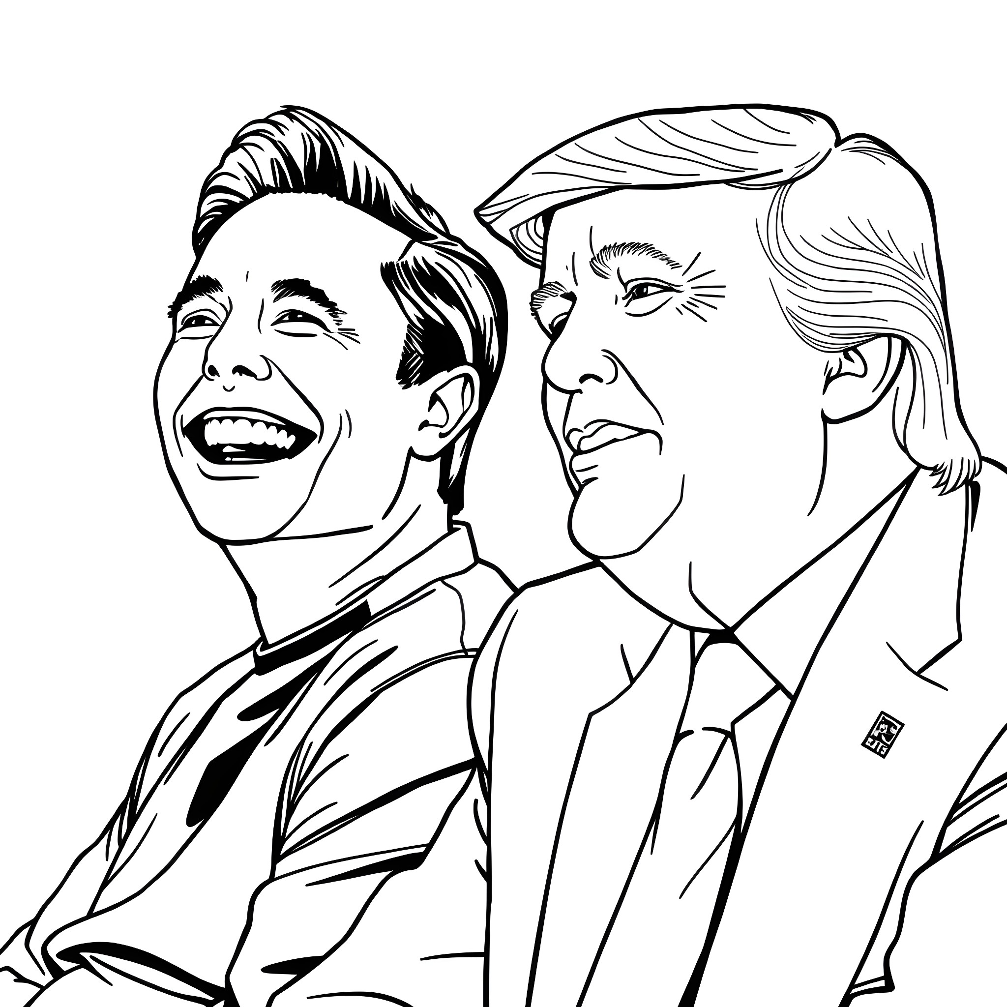 Elon Musk Laughing with Donald Trump Coloring Page (free black-and-white line drawing printable PDF for all, from beginners to advanced learners, including children, teens, adults, and seniors)