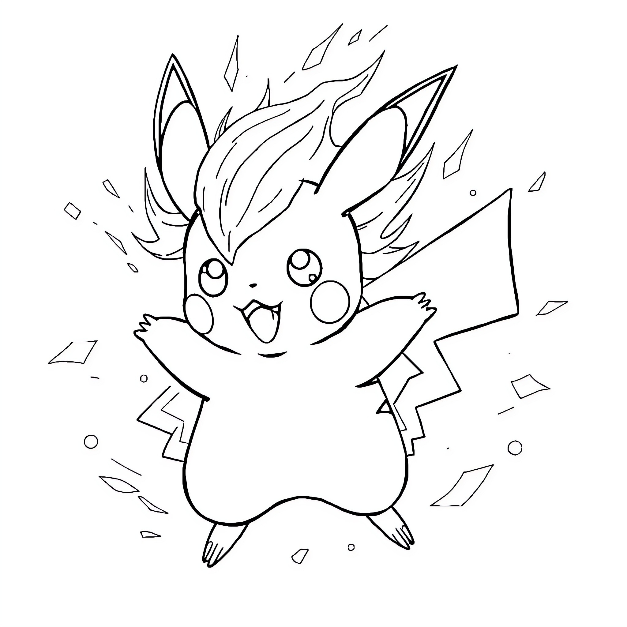 Pikachu enjoying a lightning storm Coloring Page (free black-and-white line drawing printable PDF for all, from beginners to advanced learners, including children, teens, adults, and seniors)