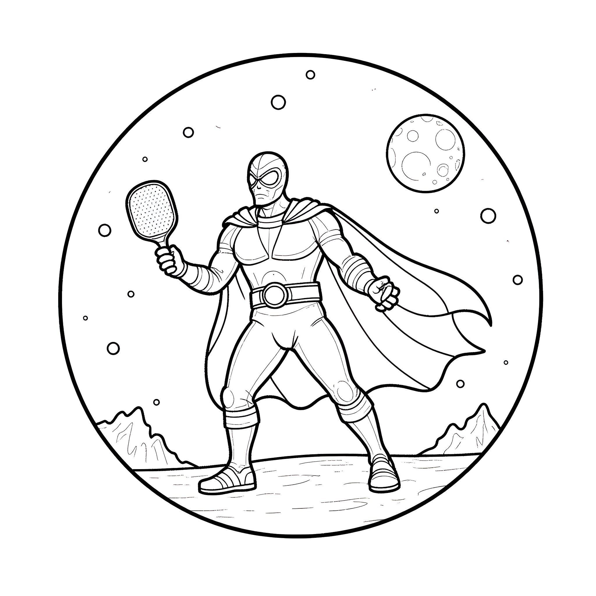 Doctor Doom in Space Adventure Coloring Page (free black-and-white line drawing printable PDF for all, from beginners to advanced learners, including children, teens, adults, and seniors)
