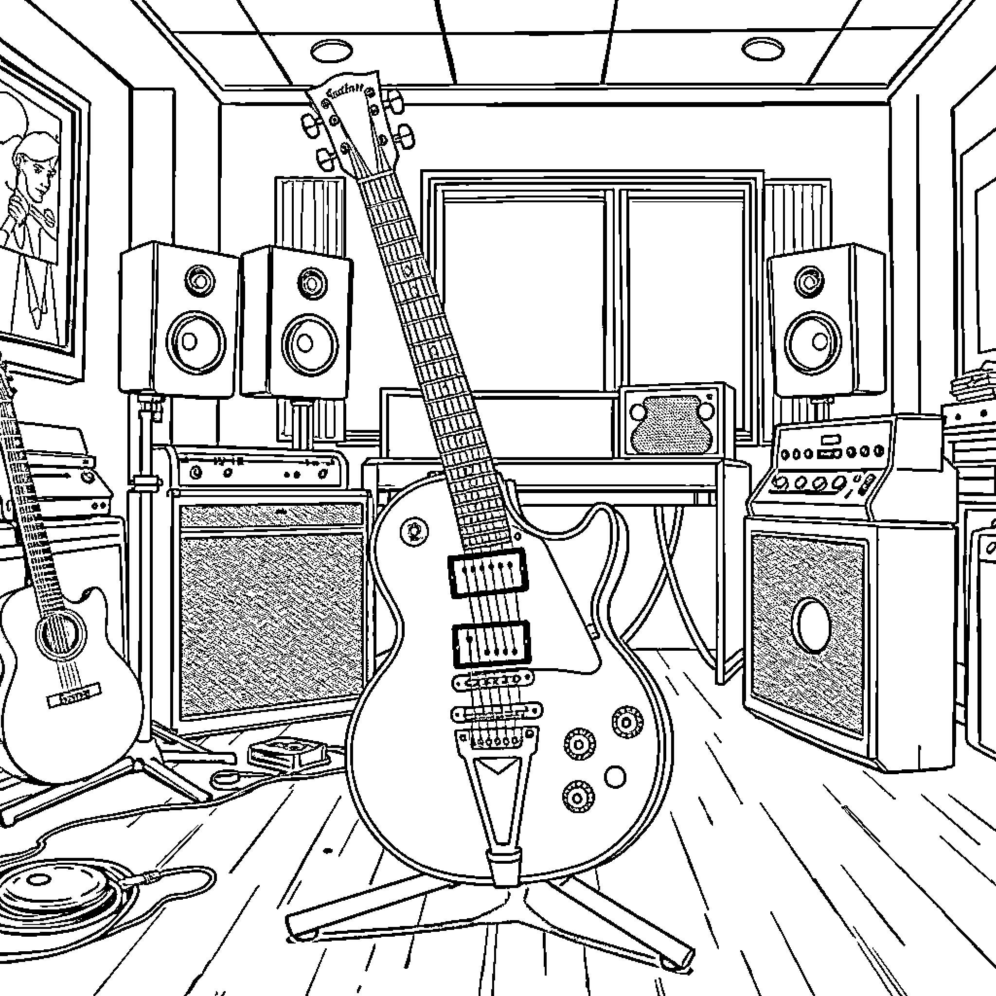 Guitar instruments and studio equipment Coloring Page (free black-and-white line drawing printable PDF for all, from beginners to advanced learners, including children, teens, adults, and seniors)