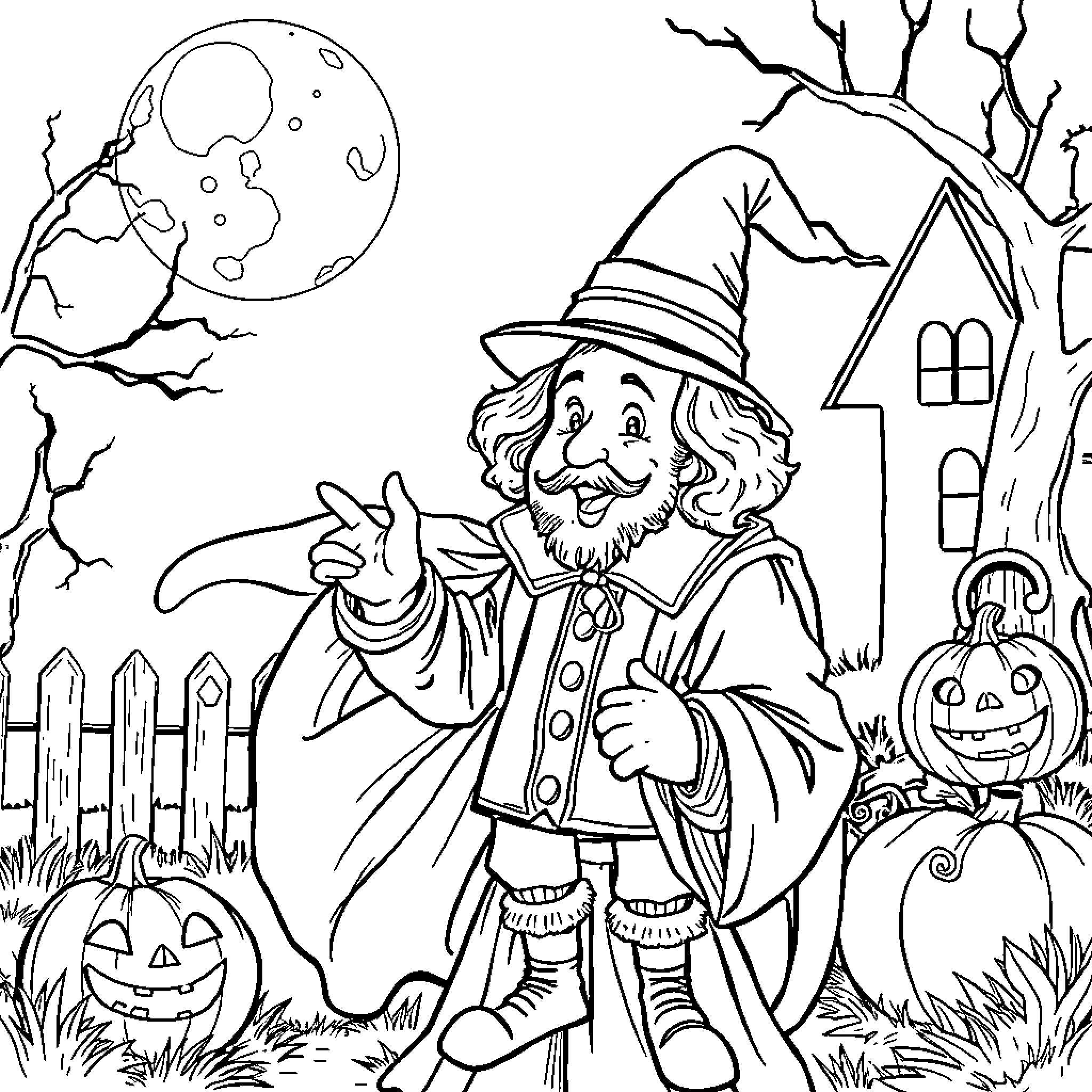 William Shakespeare in a whimsical Halloween scene Coloring Page (free black-and-white line drawing printable PDF for all, from beginners to advanced learners, including children, teens, adults, and seniors)