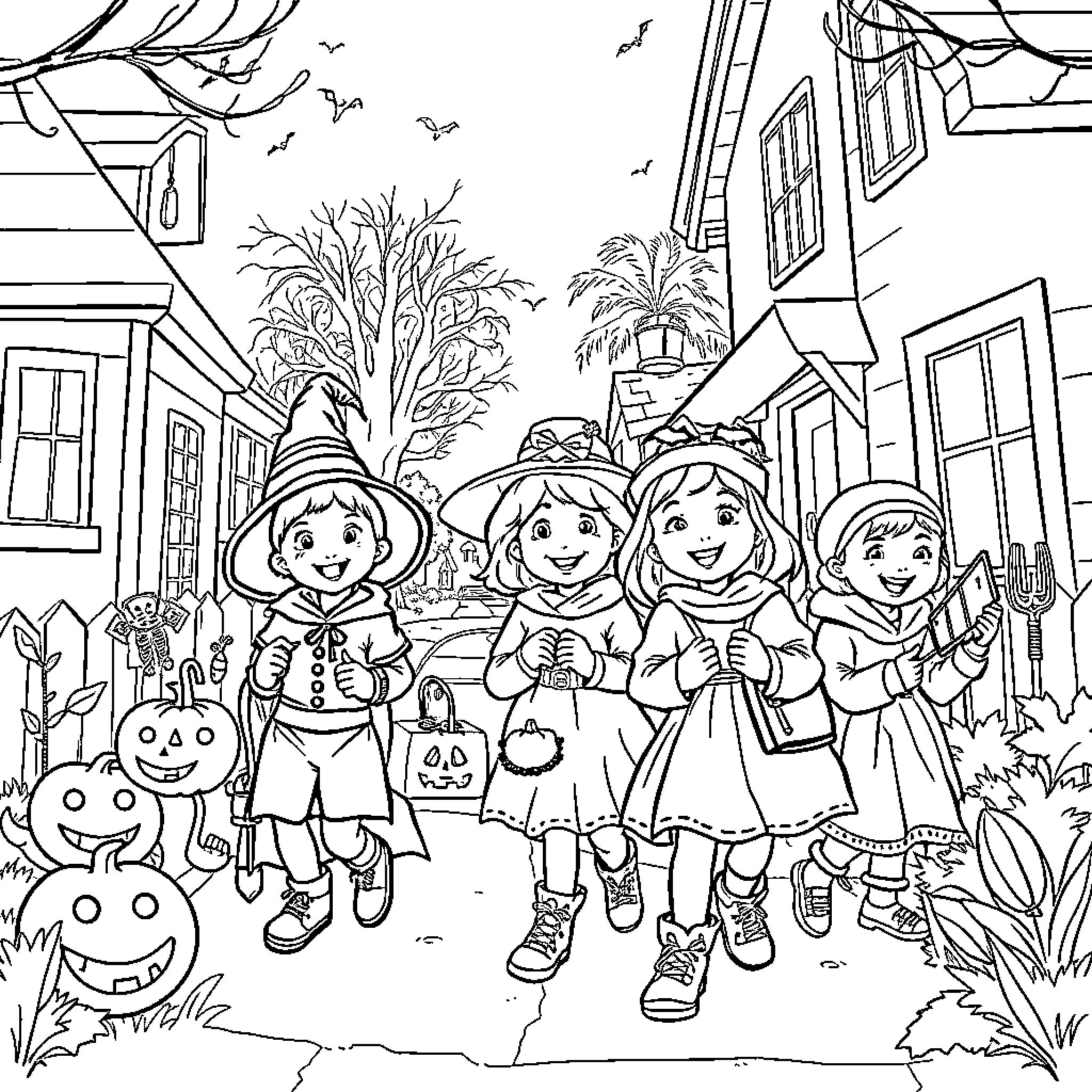 Kid Halloween Trick-or-Treating in the Neighborhood Coloring Page (free black-and-white line drawing printable PDF for all, from beginners to advanced learners, including children, teens, adults, and seniors)