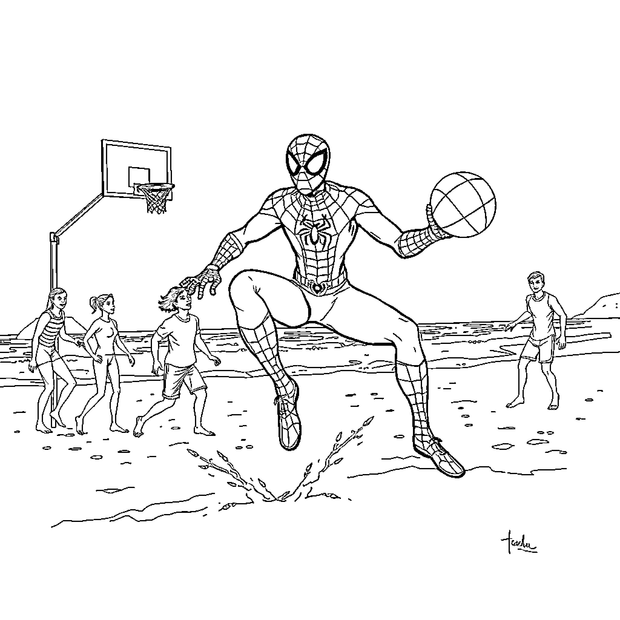 Spiderman plays basketball with beach visitors Coloring Page (free black-and-white line drawing printable PDF for all, from beginners to advanced learners, including children, teens, adults, and seniors)
