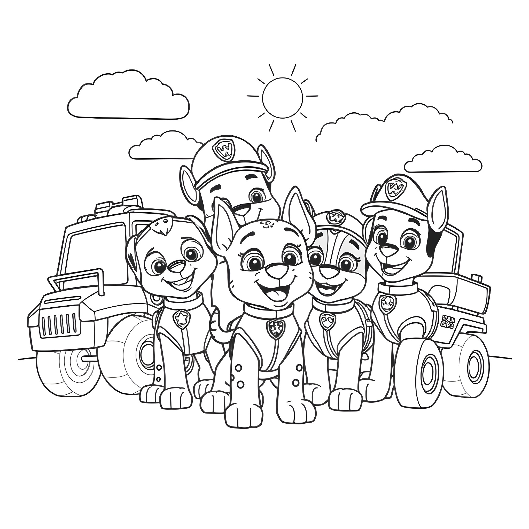 Paw Patrol members in action with vehicles Coloring Page (free black-and-white line drawing printable PDF for all, from beginners to advanced learners, including children, teens, adults, and seniors)