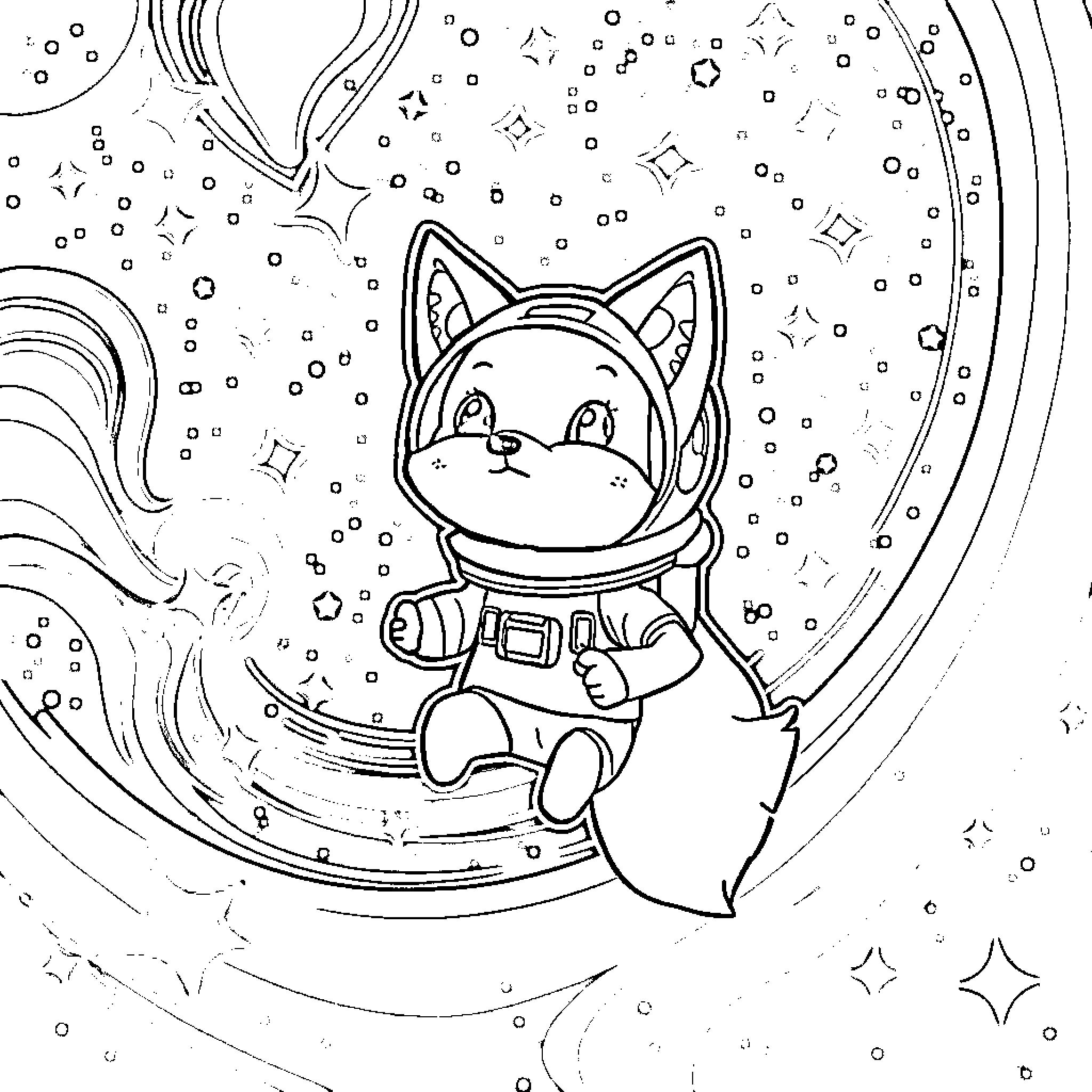 Fox astronaut exploring the cosmos Coloring Page (free black-and-white line drawing printable PDF for all, from beginners to advanced learners, including children, teens, adults, and seniors)