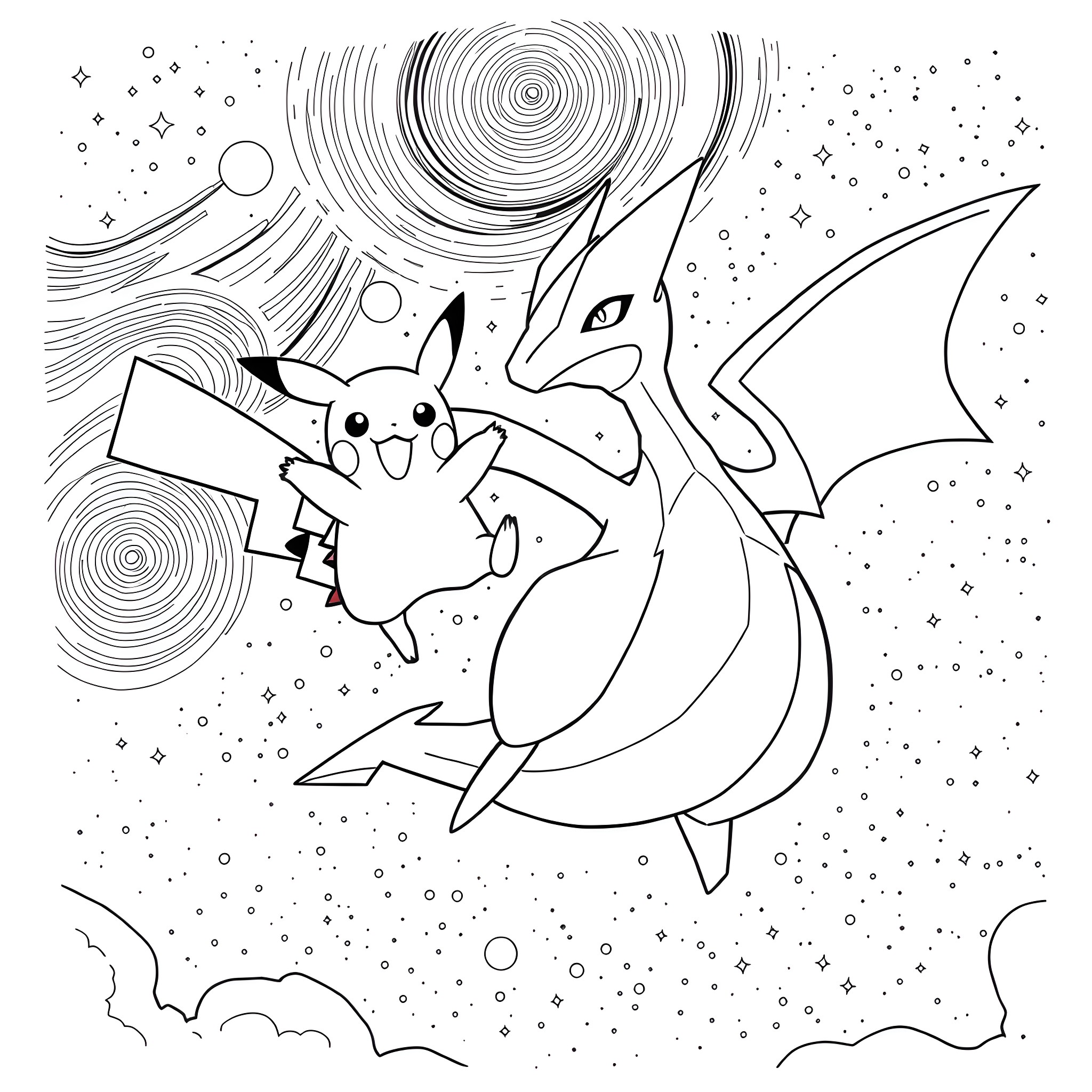 Pikachu flying with Charizard in the cosmic night sky Coloring Page (free black-and-white line drawing printable PDF for all, from beginners to advanced learners, including children, teens, adults, and seniors)