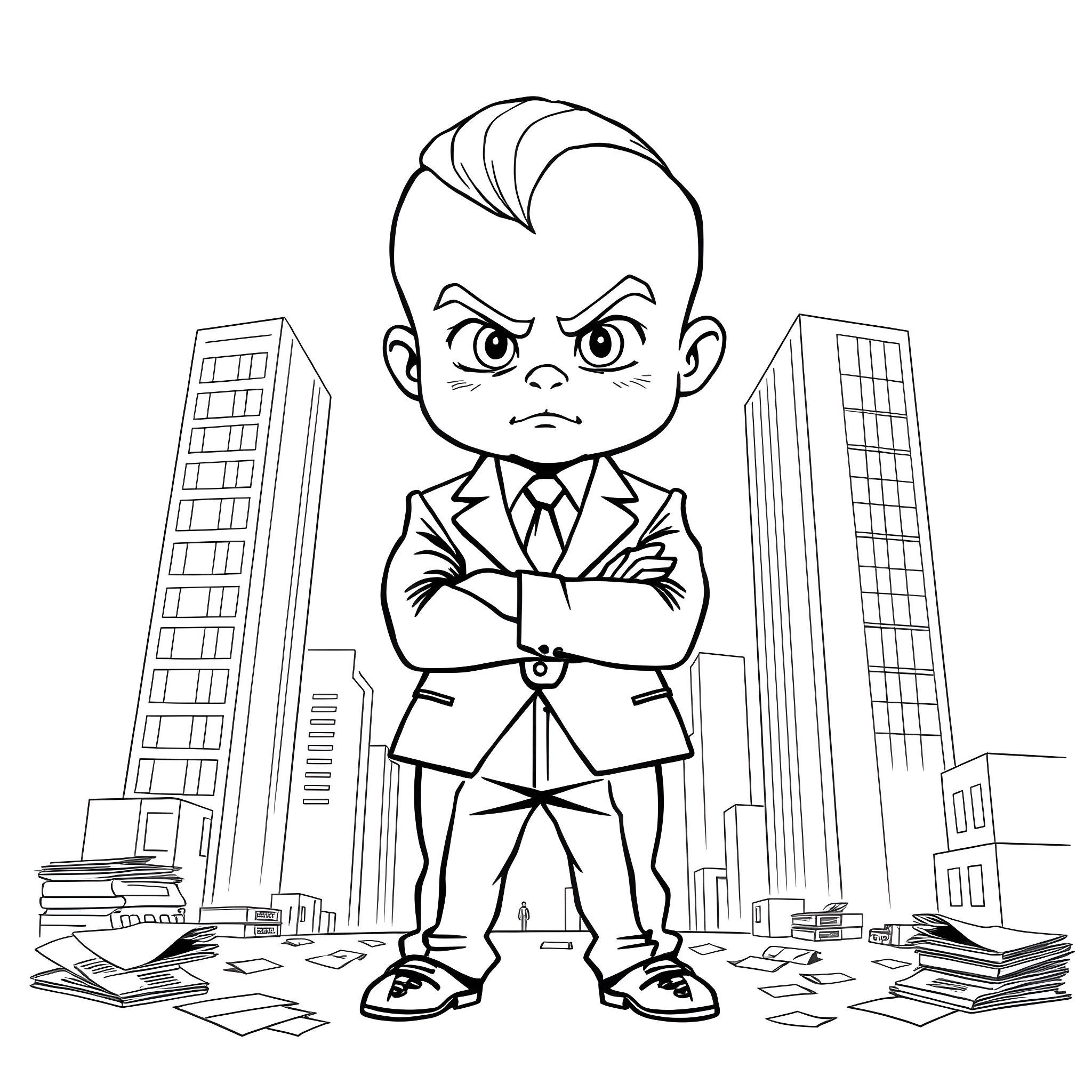 Boss Baby in Business Attire with Skyscrapers Coloring Page (free black-and-white line drawing printable PDF for all, from beginners to advanced learners, including children, teens, adults, and seniors)