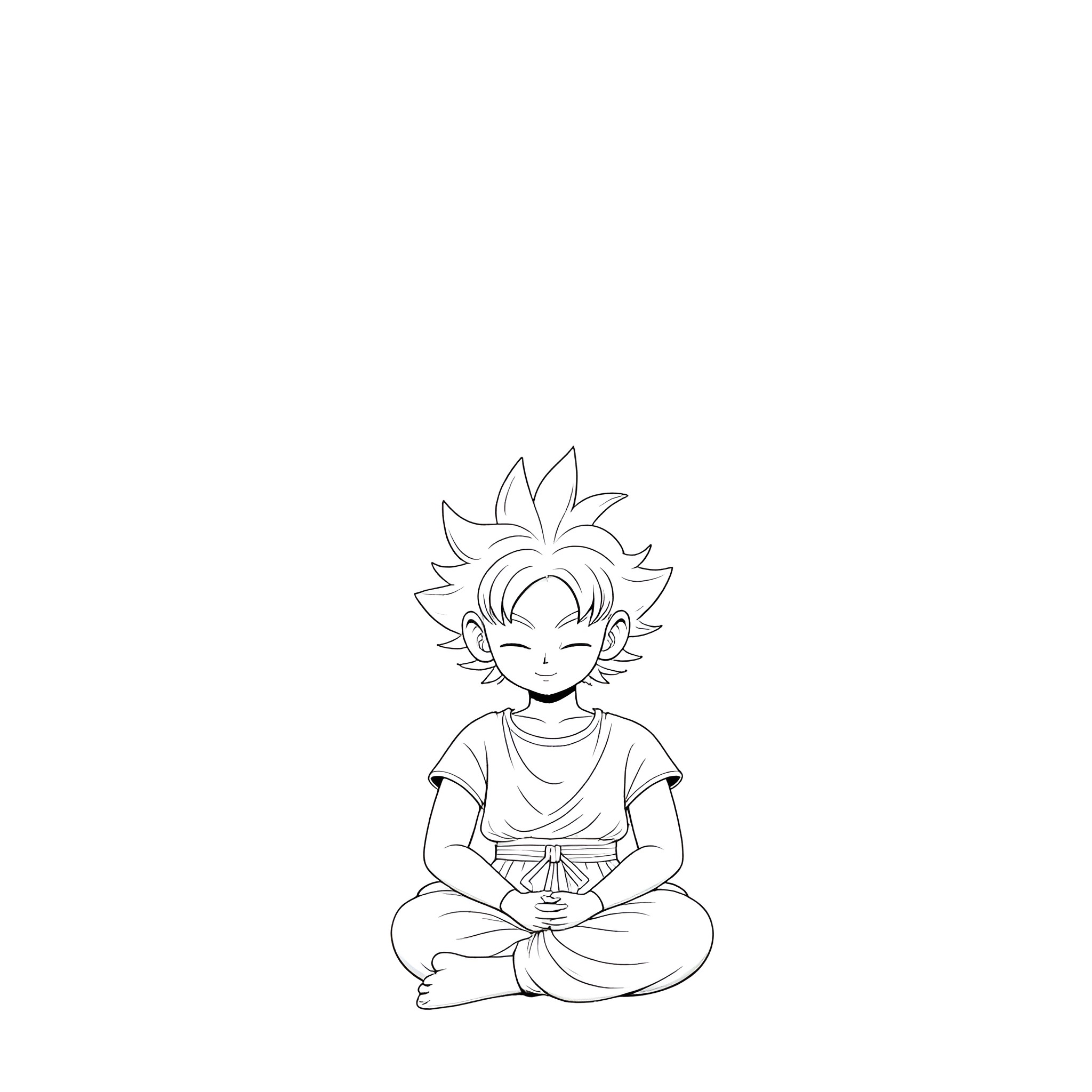 Son Goku meditating in peaceful pose Coloring Page (free black-and-white line drawing printable PDF for all, from beginners to advanced learners, including children, teens, adults, and seniors)