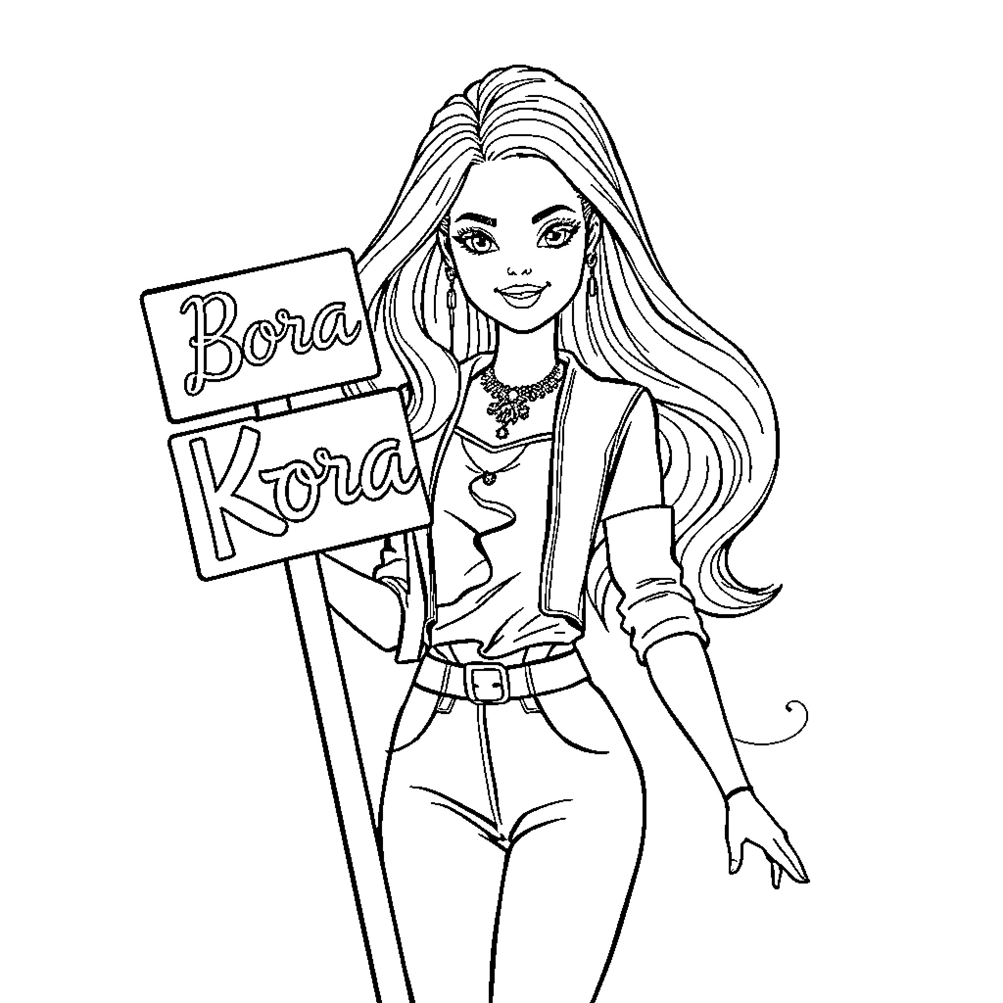 Barbie posing confidently with signage Coloring Page (free black-and-white line drawing printable PDF for all, from beginners to advanced learners, including children, teens, adults, and seniors)