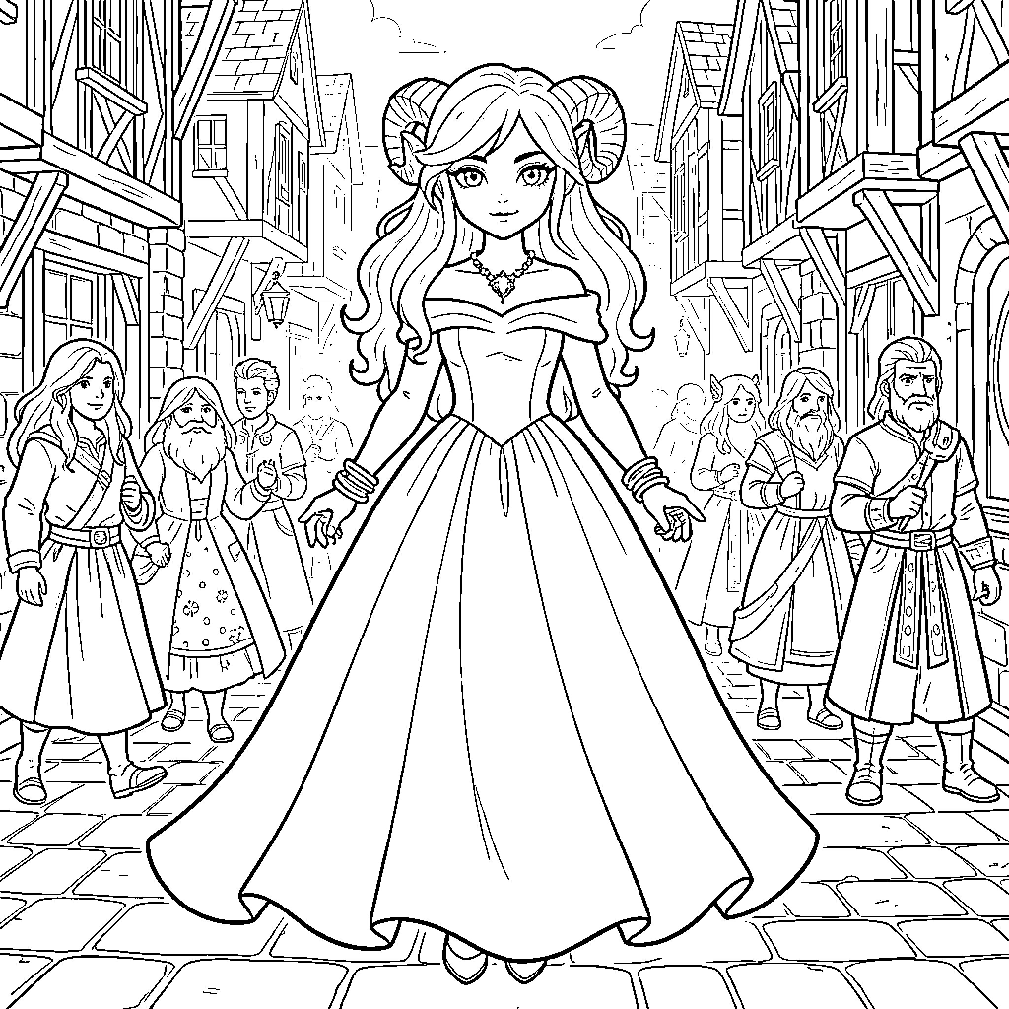 Indigo princess walking through a medieval village street Coloring Page (free black-and-white line drawing printable PDF for all, from beginners to advanced learners, including children, teens, adults, and seniors)