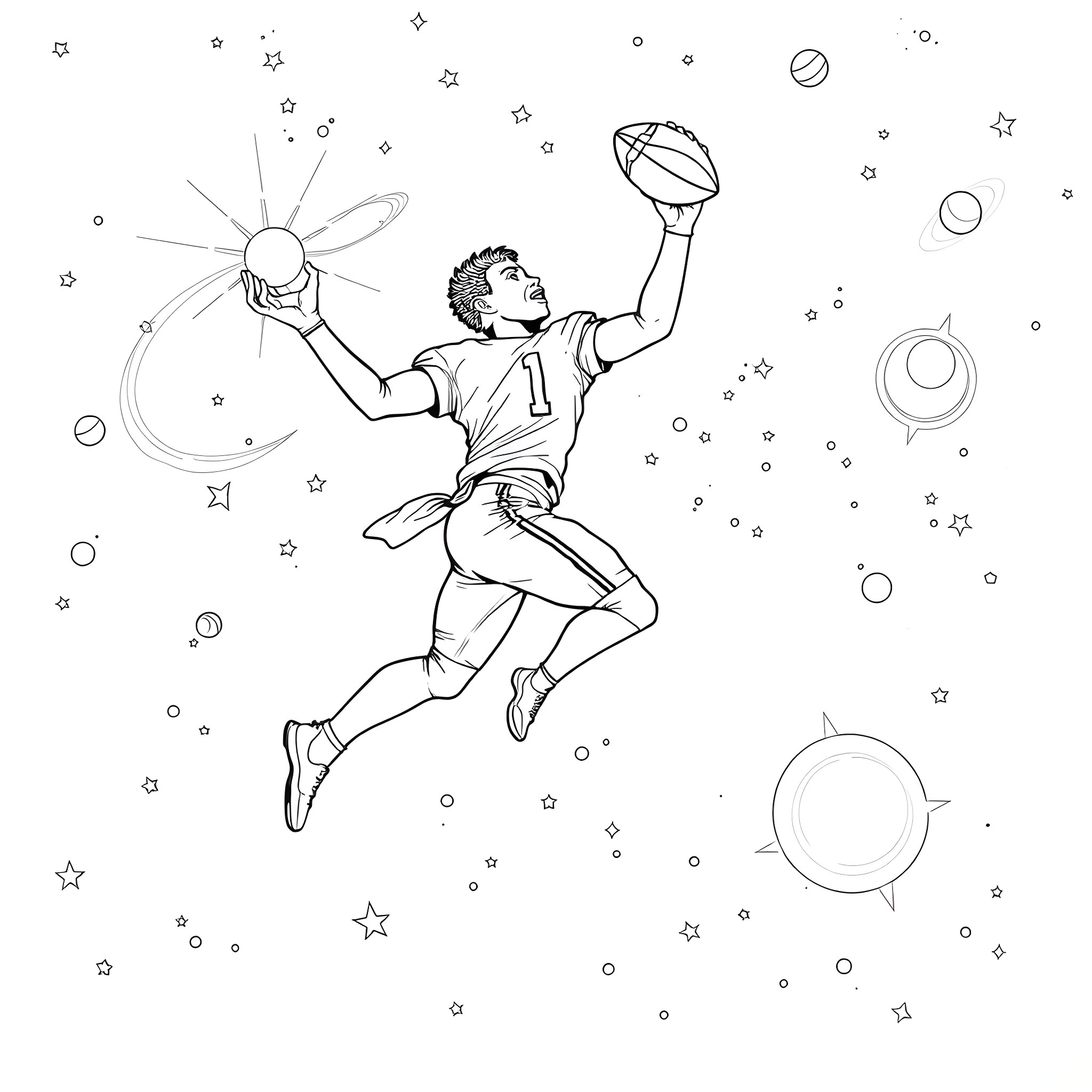 Justin Jefferson soaring through the galaxy with a football Coloring Page (free black-and-white line drawing printable PDF for all, from beginners to advanced learners, including children, teens, adults, and seniors)