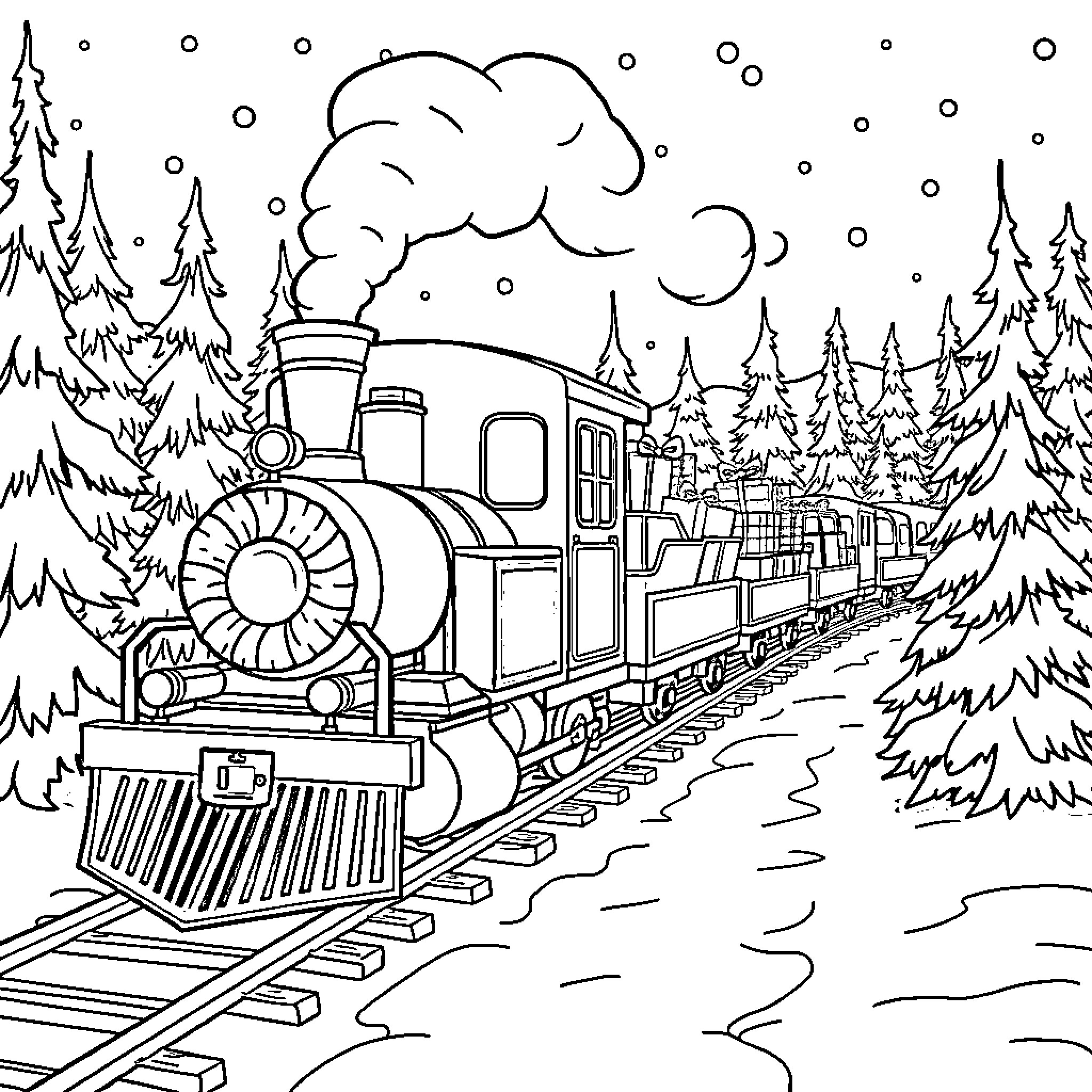 Train traveling through snowy winter landscape Coloring Page (free black-and-white line drawing printable PDF for all, from beginners to advanced learners, including children, teens, adults, and seniors)
