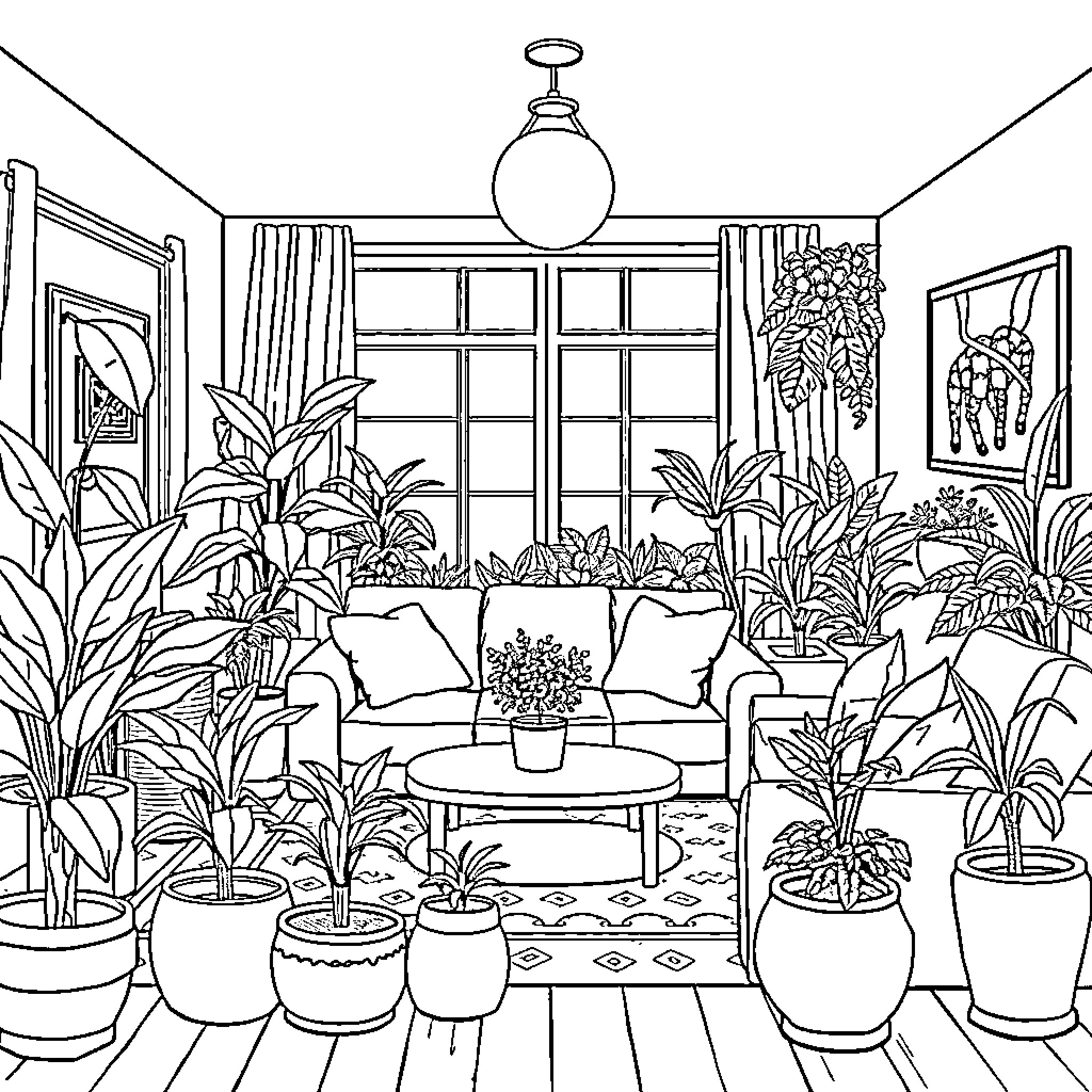 Plant-filled cozy living room with indoor decor Coloring Page (free black-and-white line drawing printable PDF for all, from beginners to advanced learners, including children, teens, adults, and seniors)