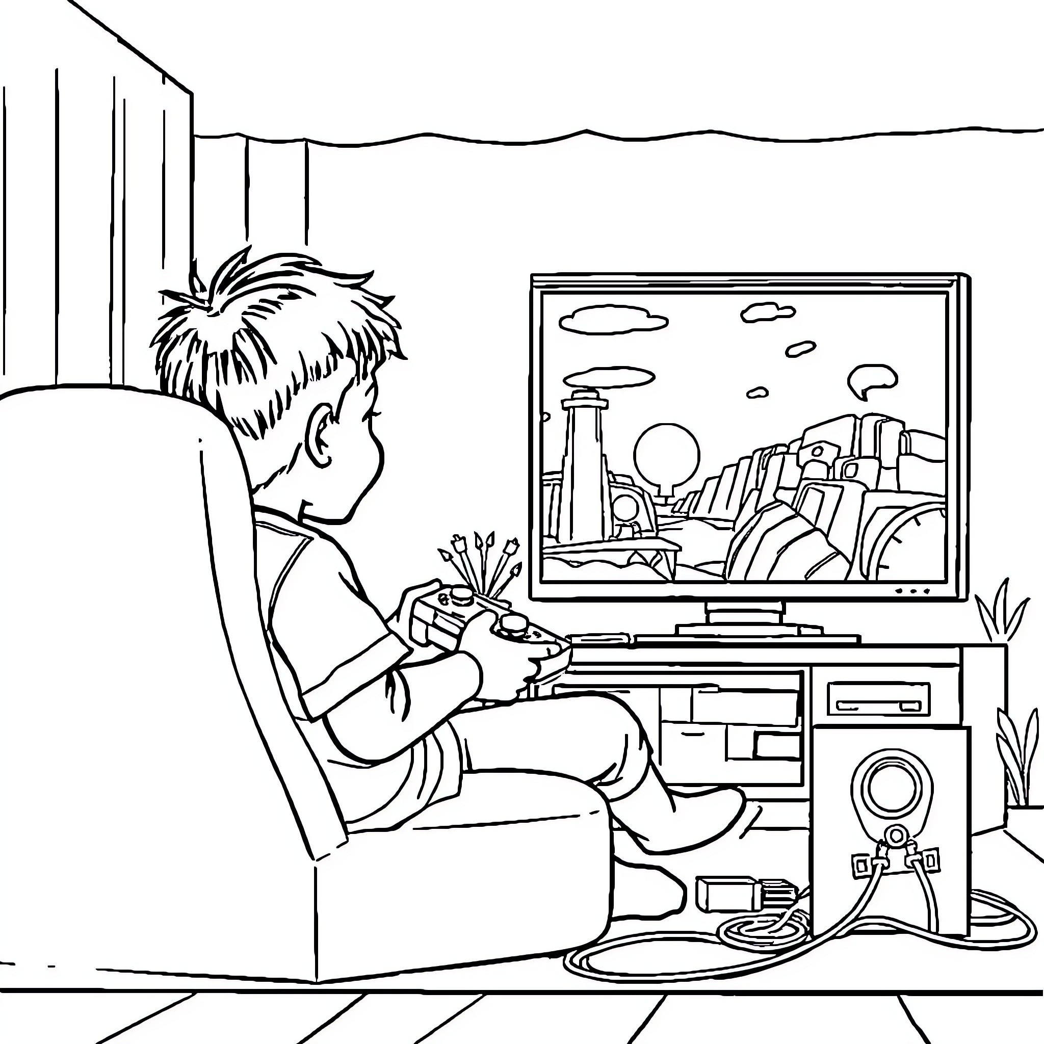 Boy relaxing and playing video game at home Coloring Page (free black-and-white line drawing printable PDF for all, from beginners to advanced learners, including children, teens, adults, and seniors)