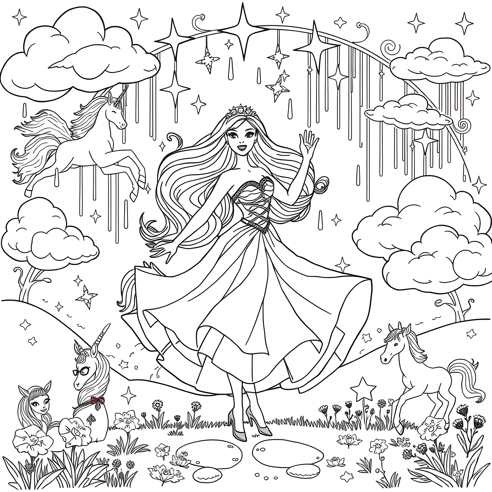 Barbie's magical dance in the enchanted forest Coloring Page (free black-and-white line drawing printable PDF for all, from beginners to advanced learners, including children, teens, adults, and seniors)